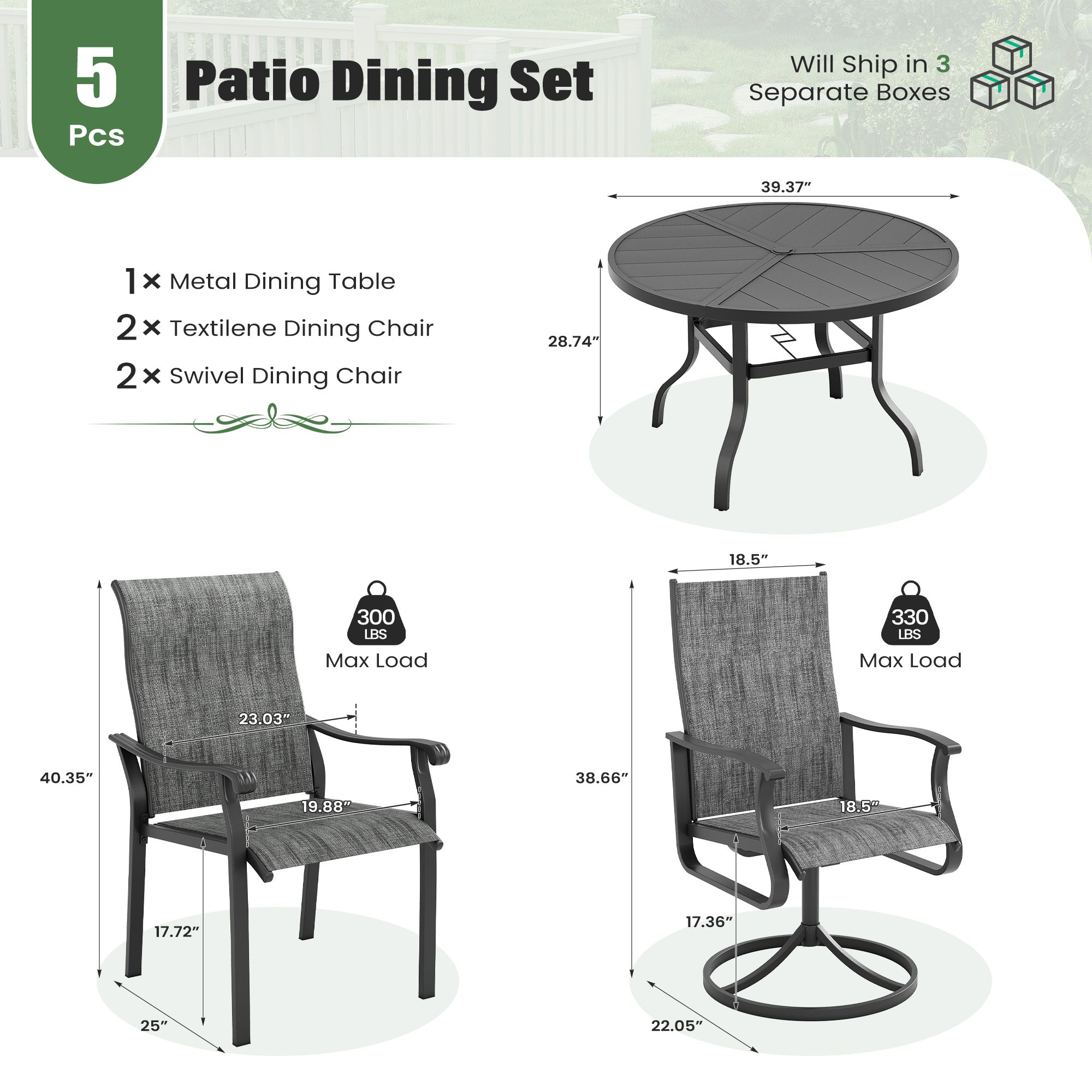 UDPATIO 5 Piece Patio Dining Set for 4, Patio Outdoor Table and Chairs, 39" Black Round Table with Umbrella Hole, Gray Patio Chairs, Patio Dining Set Outdoor Dining Set for Lawn, Backyard, Deck