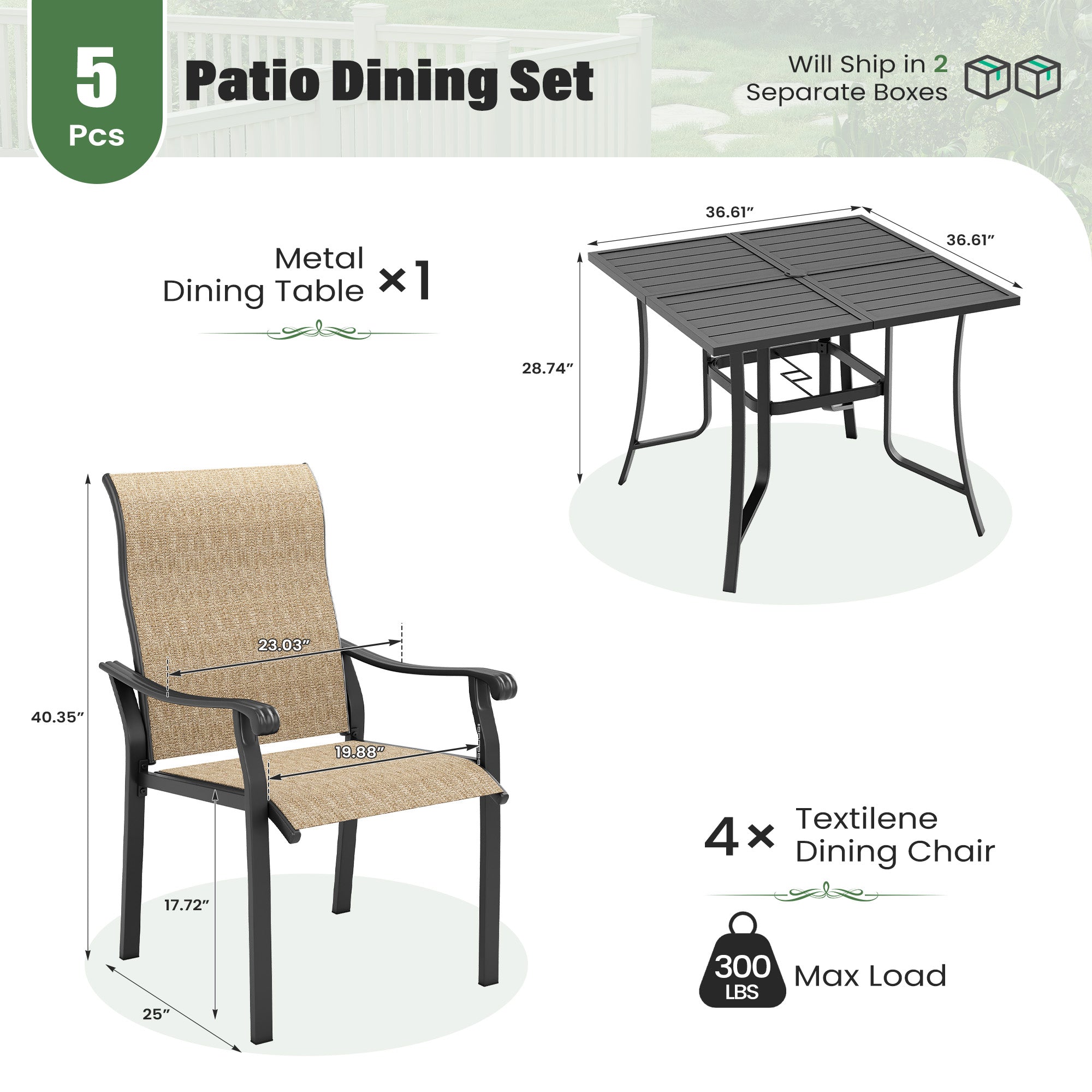 UDPATIO 5 Piece Patio Dining Set for 4, 37" Black Square Table with Umbrella Hole, Metal Brown Patio Chairs Set of 6, Patio Outdoor Table and Chair Set, Outside Dining Set for Lawn, Backyard
