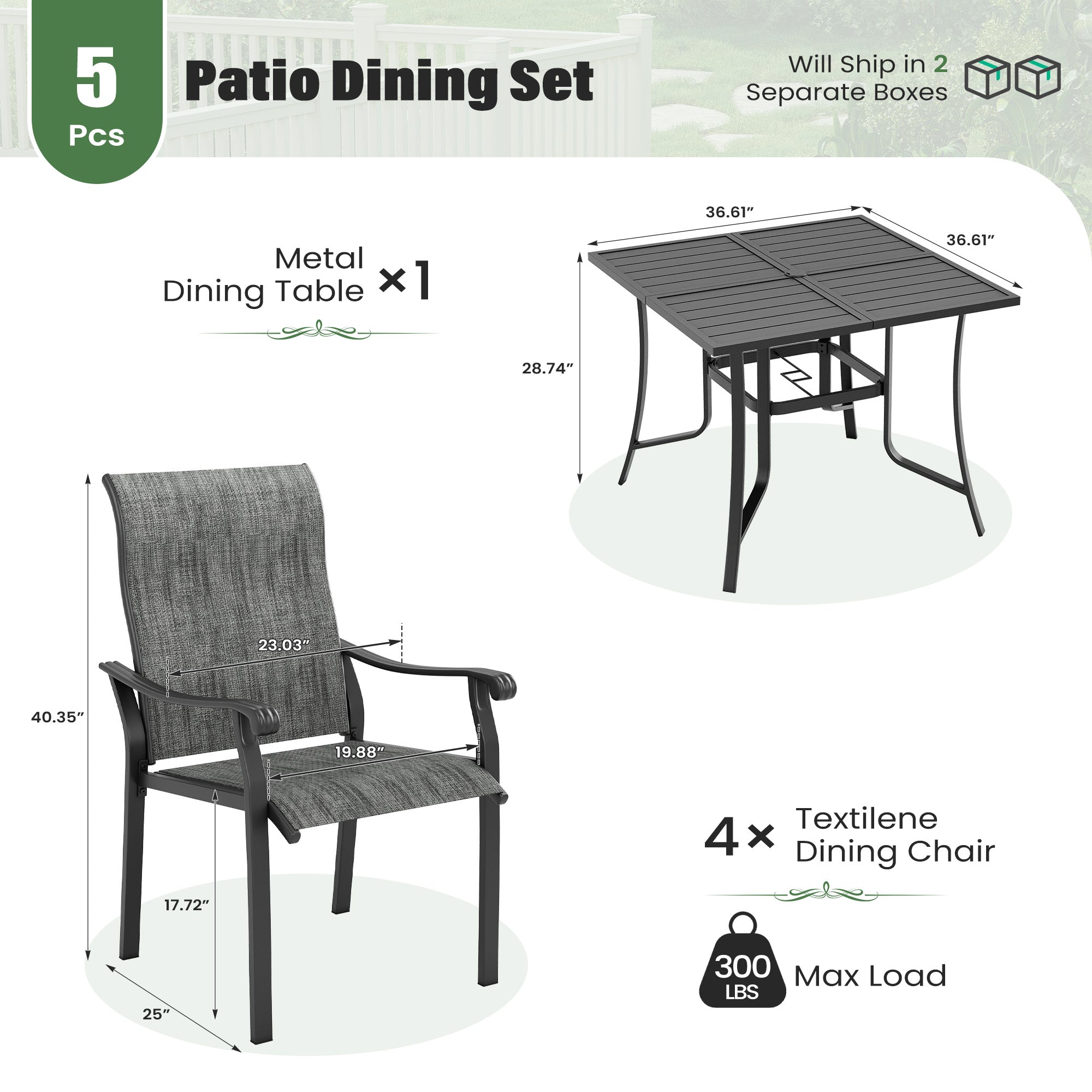 UDPATIO 5 Piece Patio Dining Set for 4, 37" Black Square Table with Umbrella Hole, Metal Gray Patio Chairs Set of 4, Patio Outdoor Table and Chair Set, Outside Dining Set for Lawn, Backyard