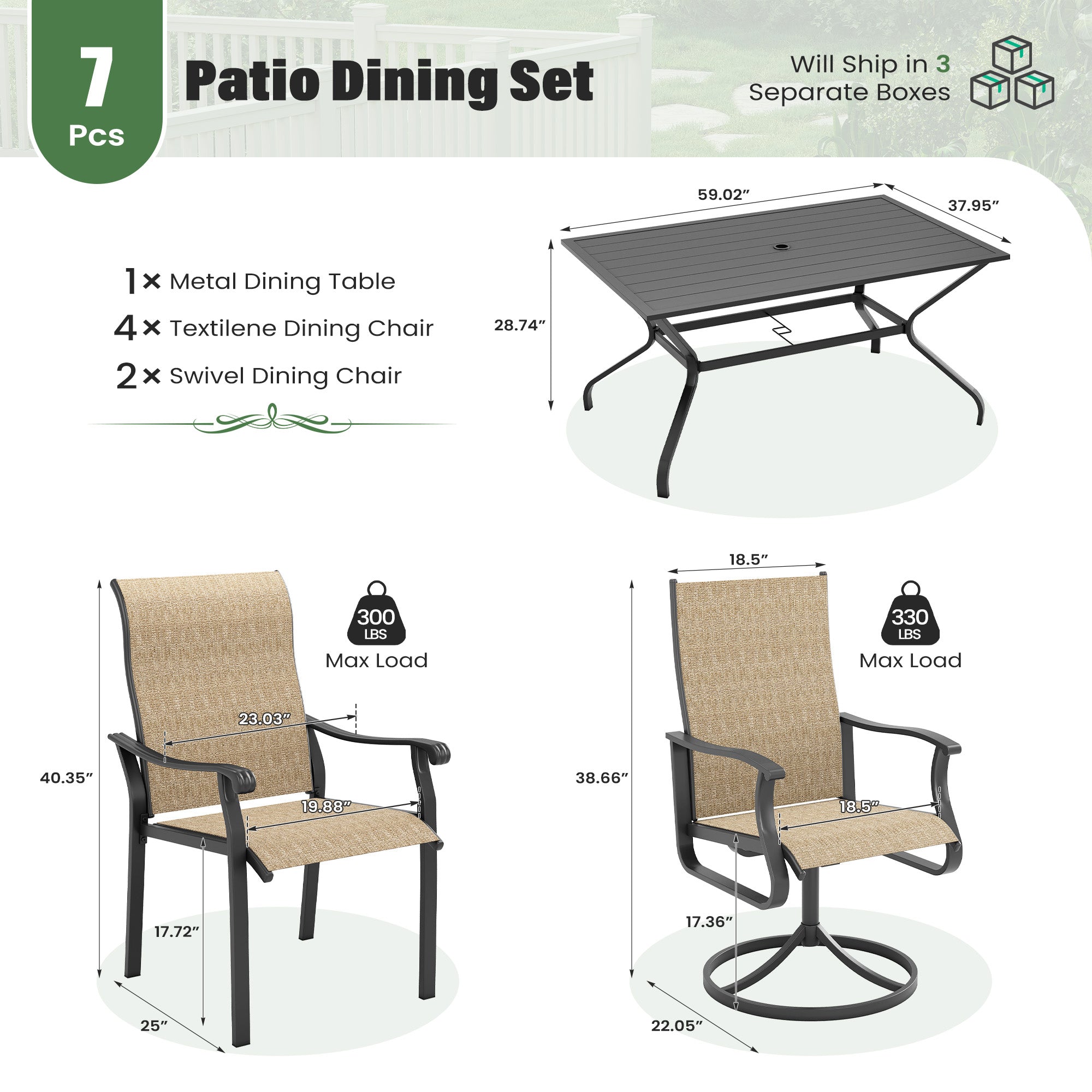 UDPATIO 7 Piece Patio Dining Set for 6, Patio Outdoor Table and Chairs, 59"×38" Black Table with Umbrella Hole, Brown Patio Chairs, Patio Outdoor Dining Set for Lawn, Backyard, Deck