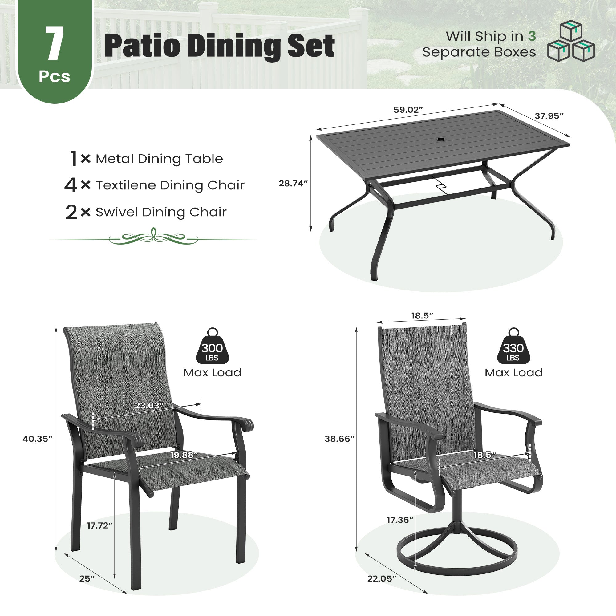 UDPATIO 7 Piece Patio Dining Set for 6, Patio Outdoor Table and Chairs, 59"×38" Black Table with Umbrella Hole, Gray Patio Chairs Set of 6, Patio Outdoor Dining Set for Lawn, Backyard, Deck
