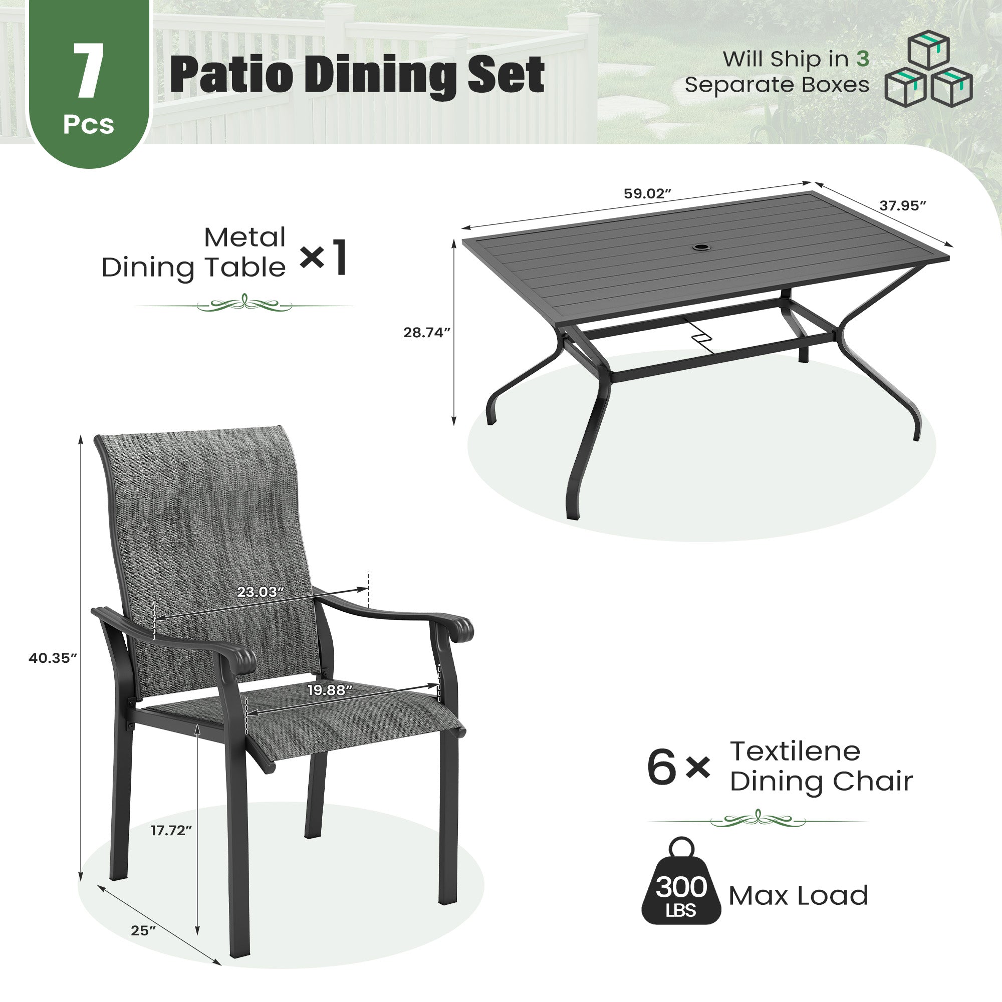 UDPATIO 7 Piece Patio Dining Set for 6, Patio Outdoor Table and Chairs, 59"×38" Black Table with Umbrella Hole, Gray Patio Chairs Set of 6, Patio Outdoor Dining Set for Lawn, Backyard, Deck