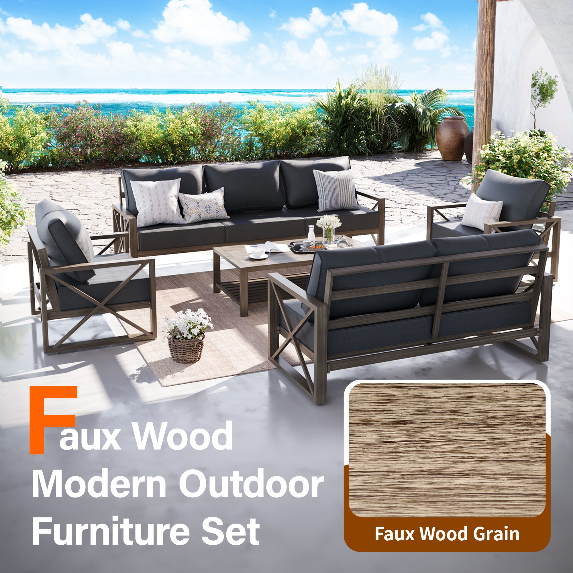 UDPATIO 5 Pieces Aluminum Patio Furniture Set Modern Outdoor Furniture Faux Wood Grain Patio Conversation Sets with Coffee Table for Balcony, Backyard, Include 600D Waterproof Cover
