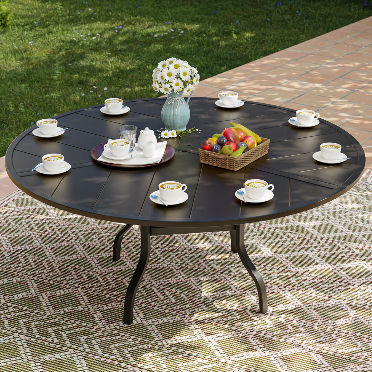 UDPATIO 51" Outdoor Dining Table, Outdoor Round Furniture Garden Table with Umbrella Hole, Black
