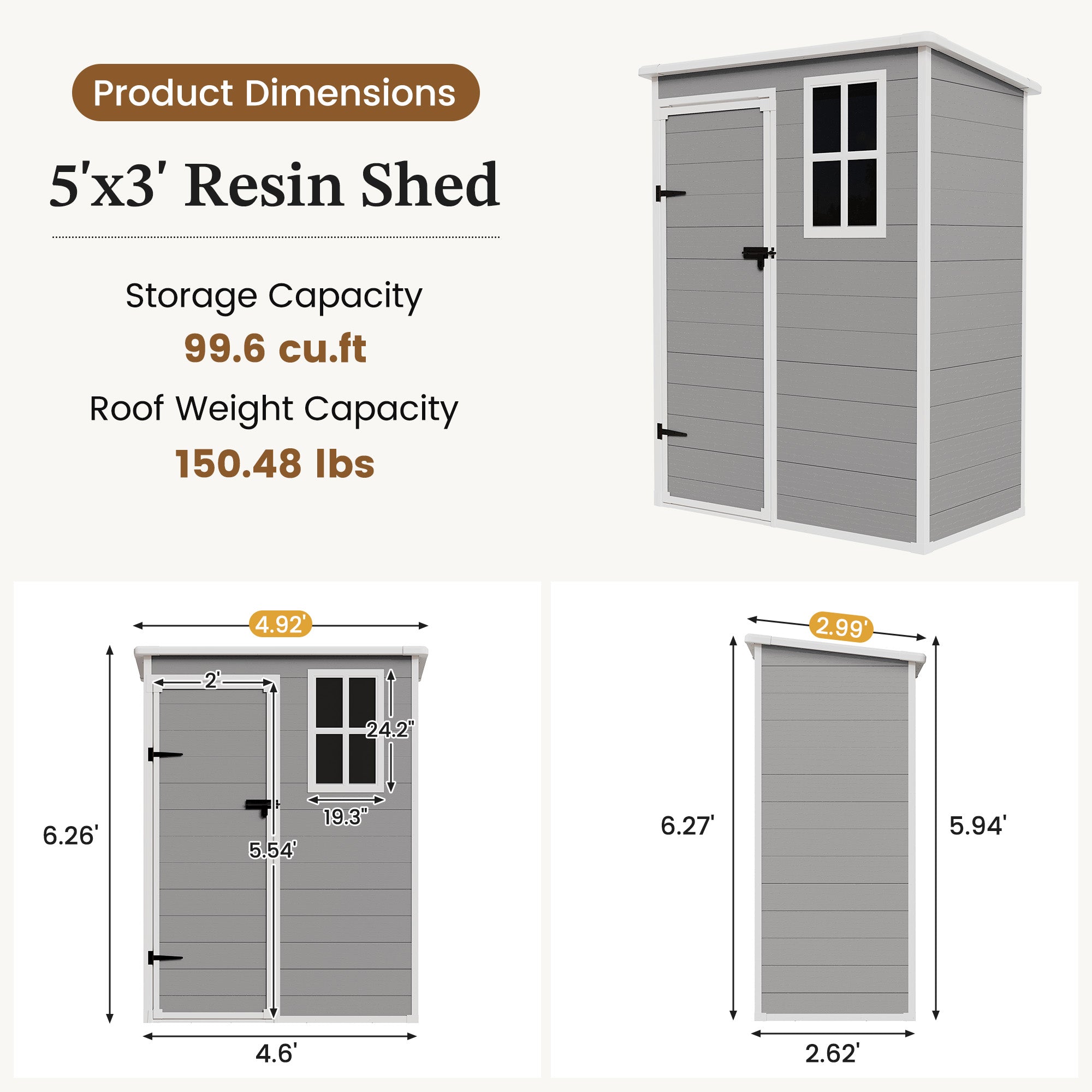 UDPATIO Outdoor Storage Shed 5x3 FT, Garden Resin Shed with Floor, Grey