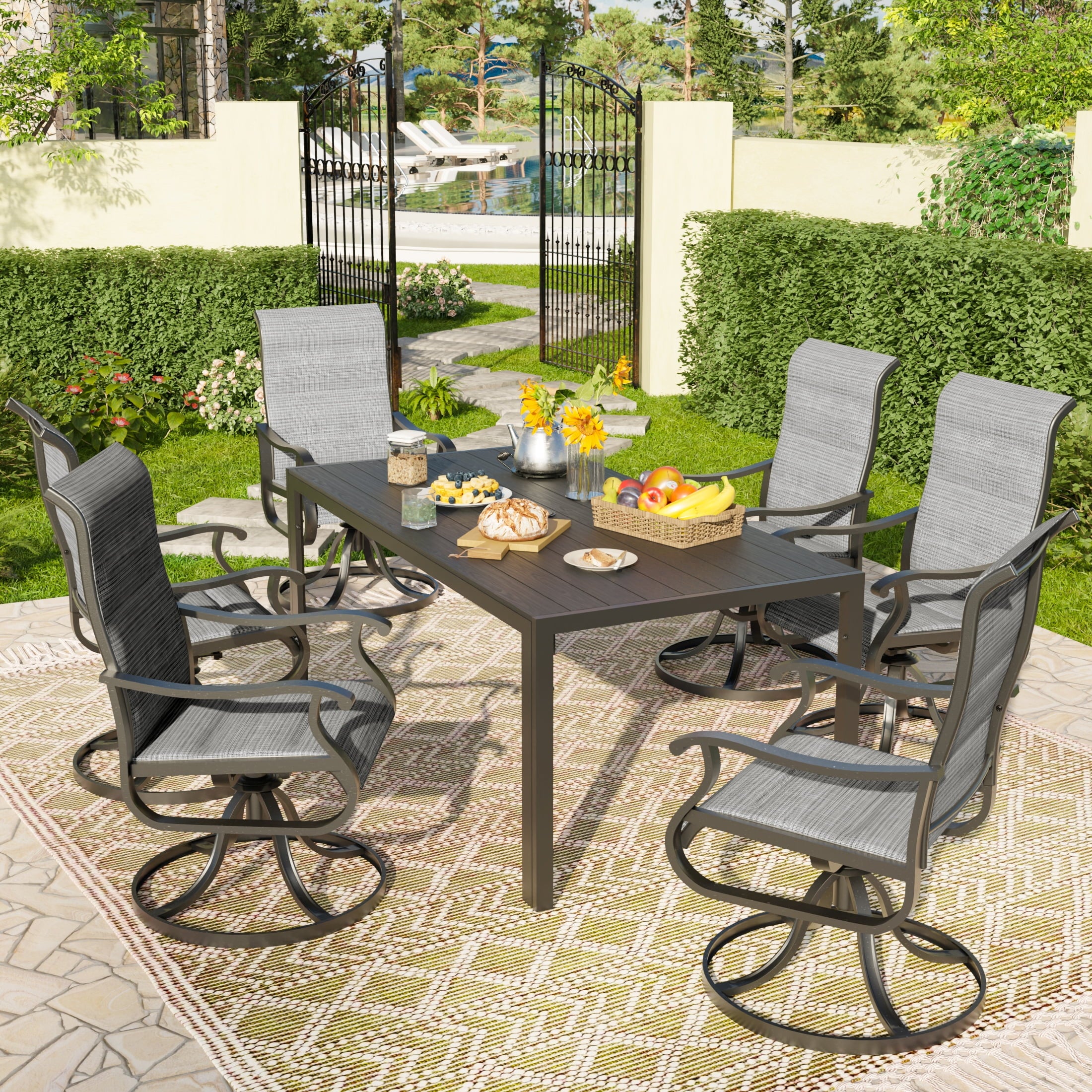 UDPATIO 7-Piece Outdoor Dining Set with High-Back Swivel Padded Chairs & Iron Rectangle Table for 6-Person, Black & Light Gray