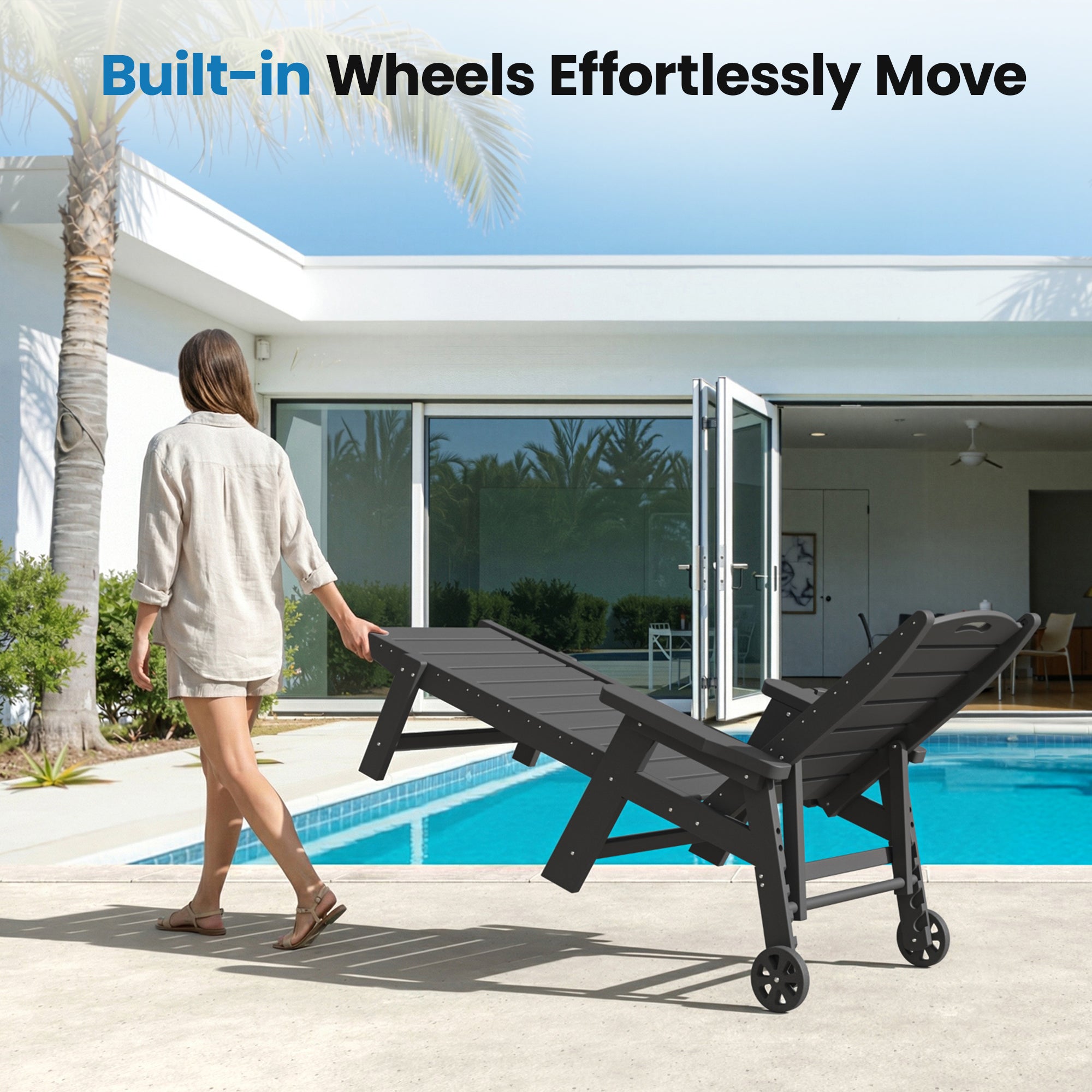 UDPATIO Outdoor Chaise Lounge Chair Set of 2, HDPE Patio Lounge Chairs for Outside with Wheels & Cup Holder, Reclining Seating with 5 Position for Poolside Deck Garden,Black