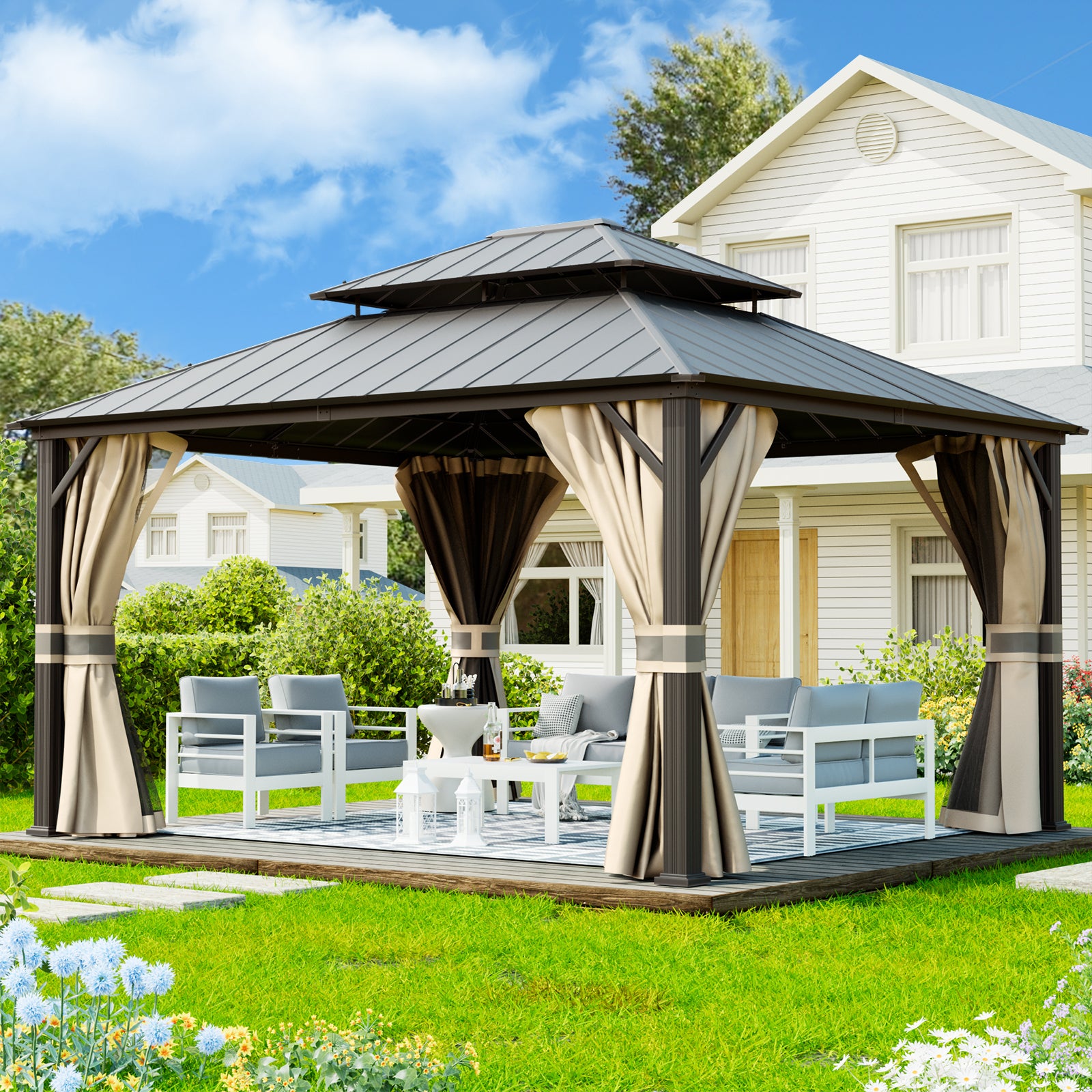 UDPATIO 12' x 14' Hardtop Gazebo, Outdoor Aluminum Gazebo with Galvanized Steel Double Roof, Permanent Metal Canopy with Netting and Curtains for Patio, Garden, Lawn, Backyard, Deck, Beige