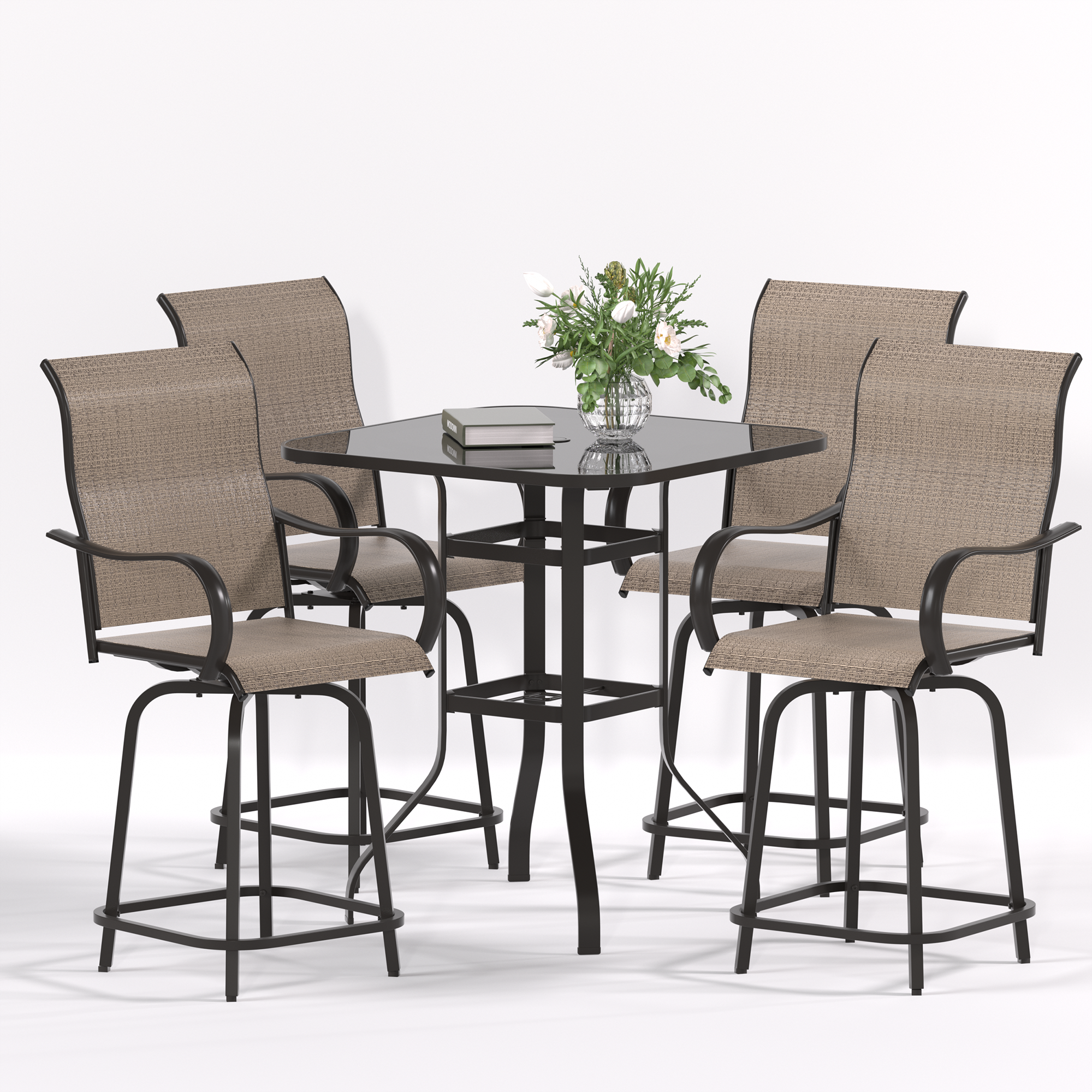 UDPATIO 5 Piece Patio Swivel Bar Set, Outdoor Mental Textilene High Swivel Bar Stools Chair Set of 4 and Bar High Glass Bar Table, Outdoor High Top Bistro Set for Lawn Garden, Balcony
