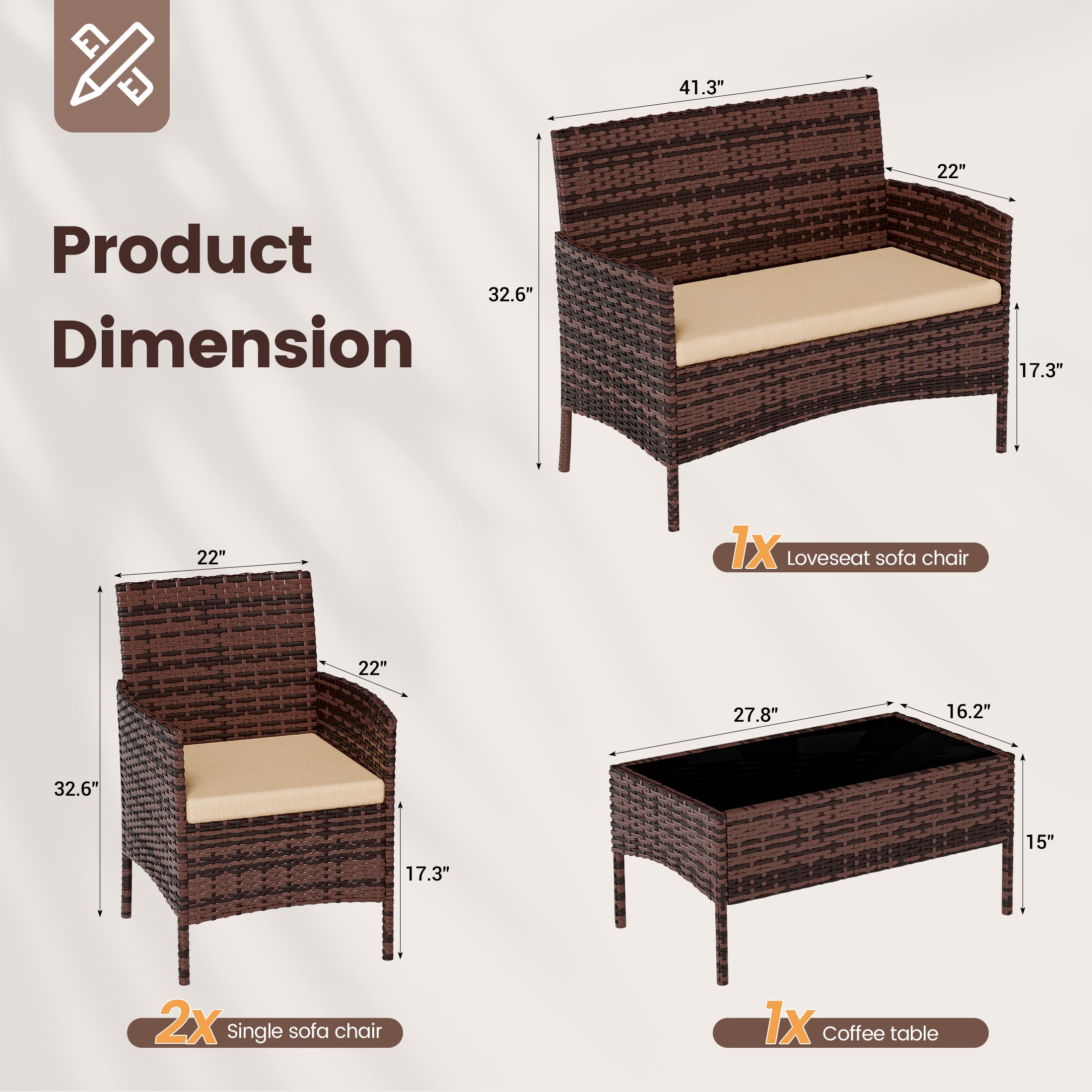 UDPATIO 4 Pieces Outdoor Patio Furniture,Sectional Conversation Sets,Brown PE Rattan Patio Chairs with Table and Loveseat for Balcony, Porch, Backyard,(Khaki Cushion)
