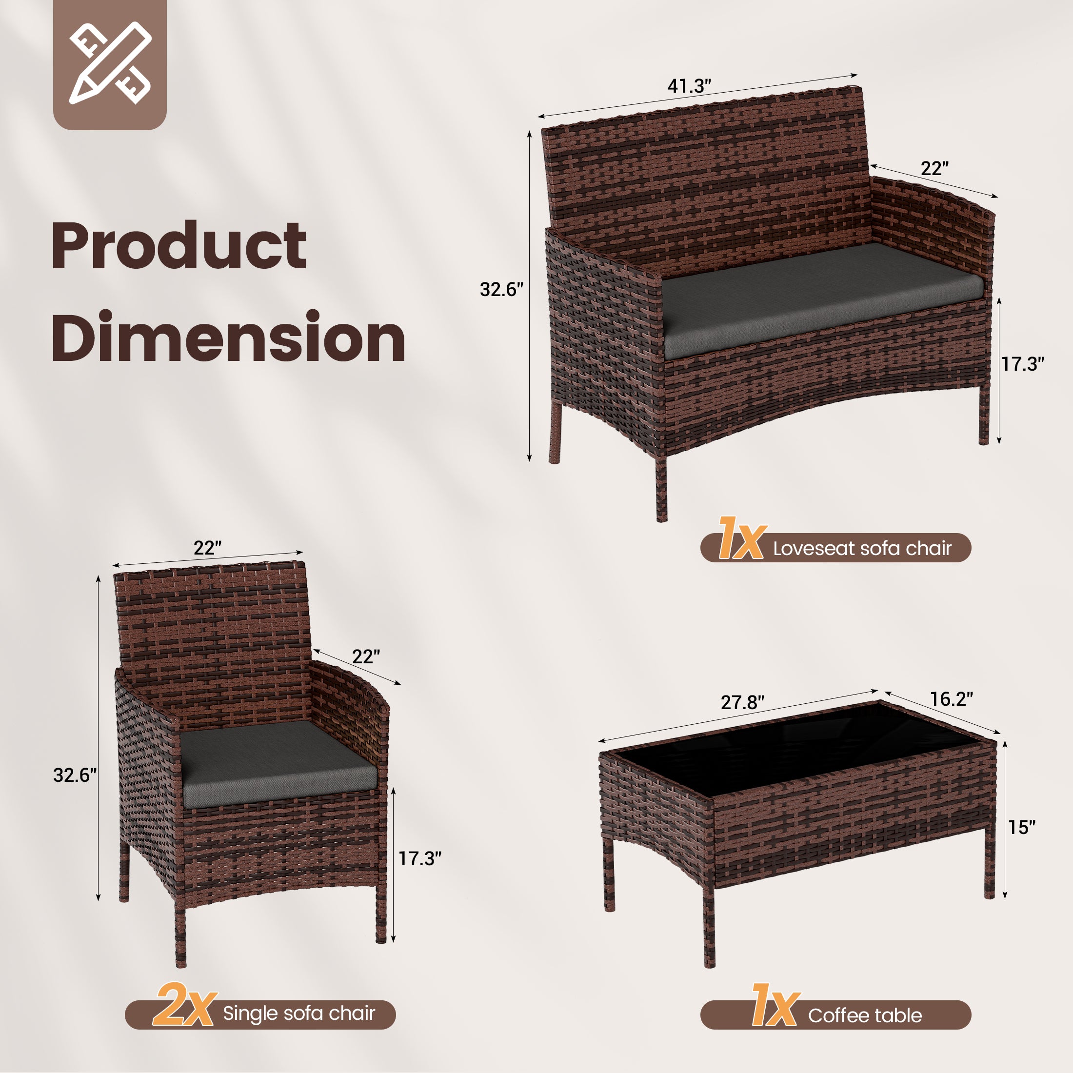 UDPATIO 4 Pieces Outdoor Patio Furniture,Sectional Conversation Sets,Brown PE Rattan Patio Chairs with Table and Loveseat for Balcony, Porch, Backyard,(Gray Cushion)