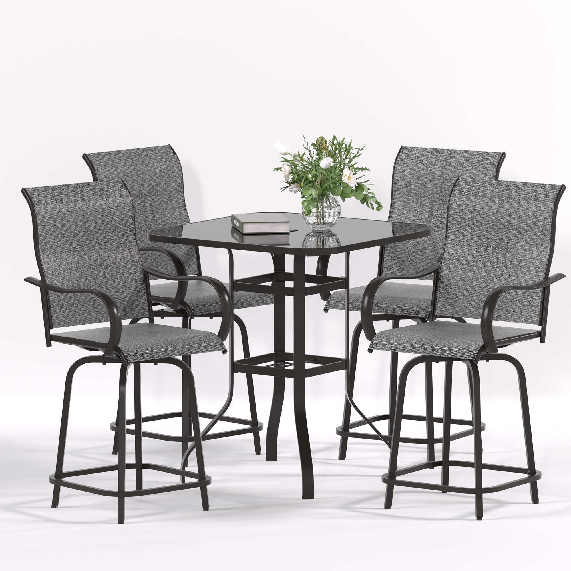 UDPATIO 5 Piece Patio Swivel Bar Set, Outdoor Mental Textilene High Swivel Bar Stools Chair Set of 4 and Bar High Glass Bar Table, Outdoor High Top Bistro Set for Lawn Garden, Balcony