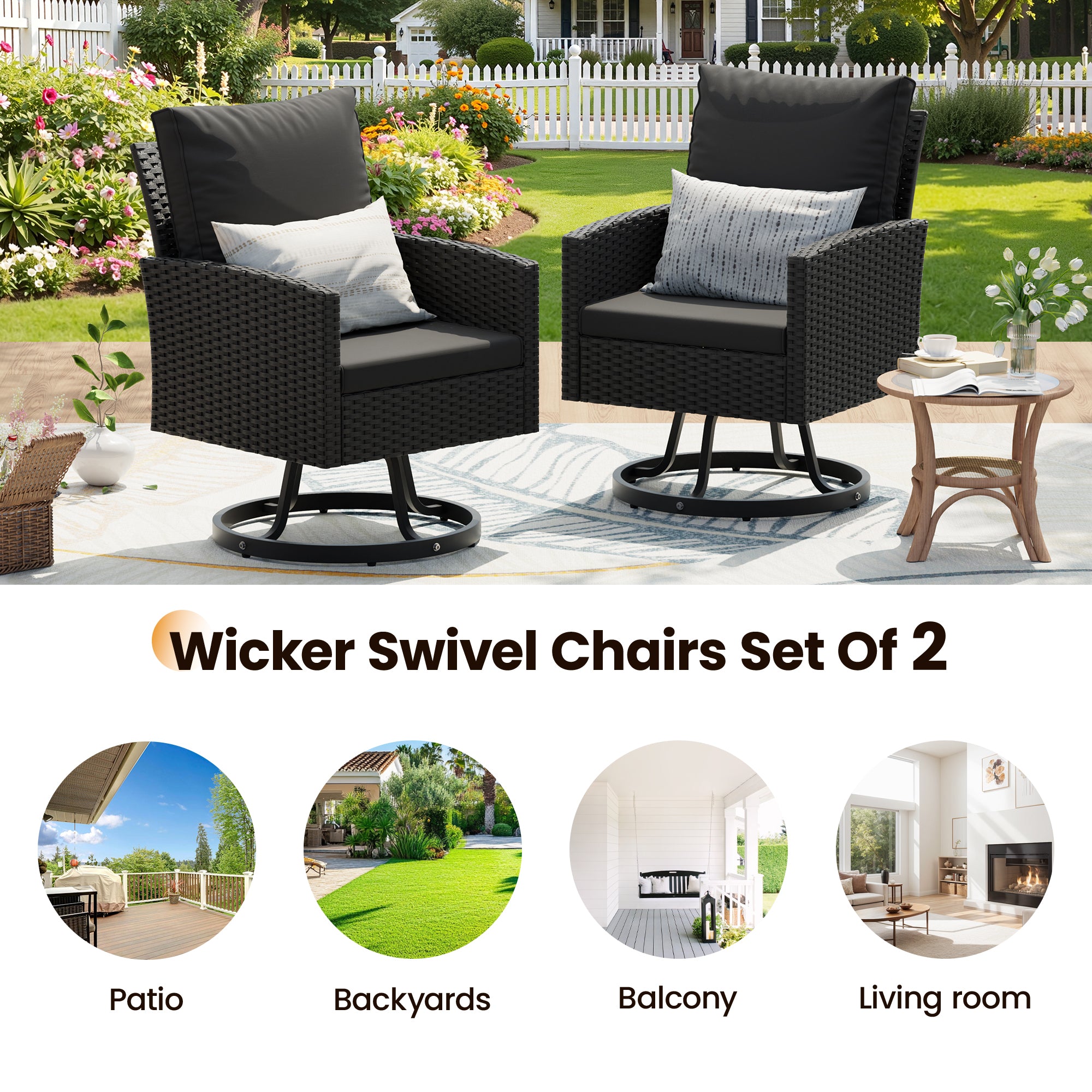 UDPATIO Wicker Patio Chairs Set of 2, Outdoor Swivel Chairs with Plush Cushions, Rattan Bistro Set Patio Furniture Set for Porch & Deck – All-Weather, Easy to Clean (Black Rattan, Black)