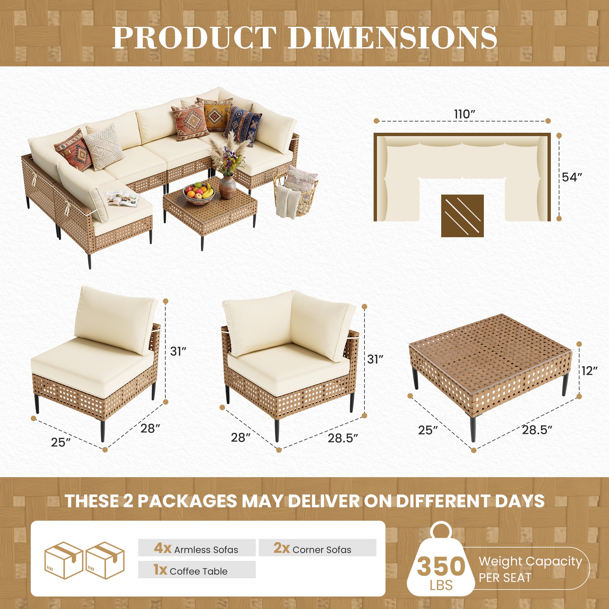 UDPATIO Wicker Patio Furniture Set with Sectional Sofas, All-Weather Cushions and Coffee Table, Bohemian Style and High-Leg Design for Garden, Deck, Poolside (Beige/7 Piece)