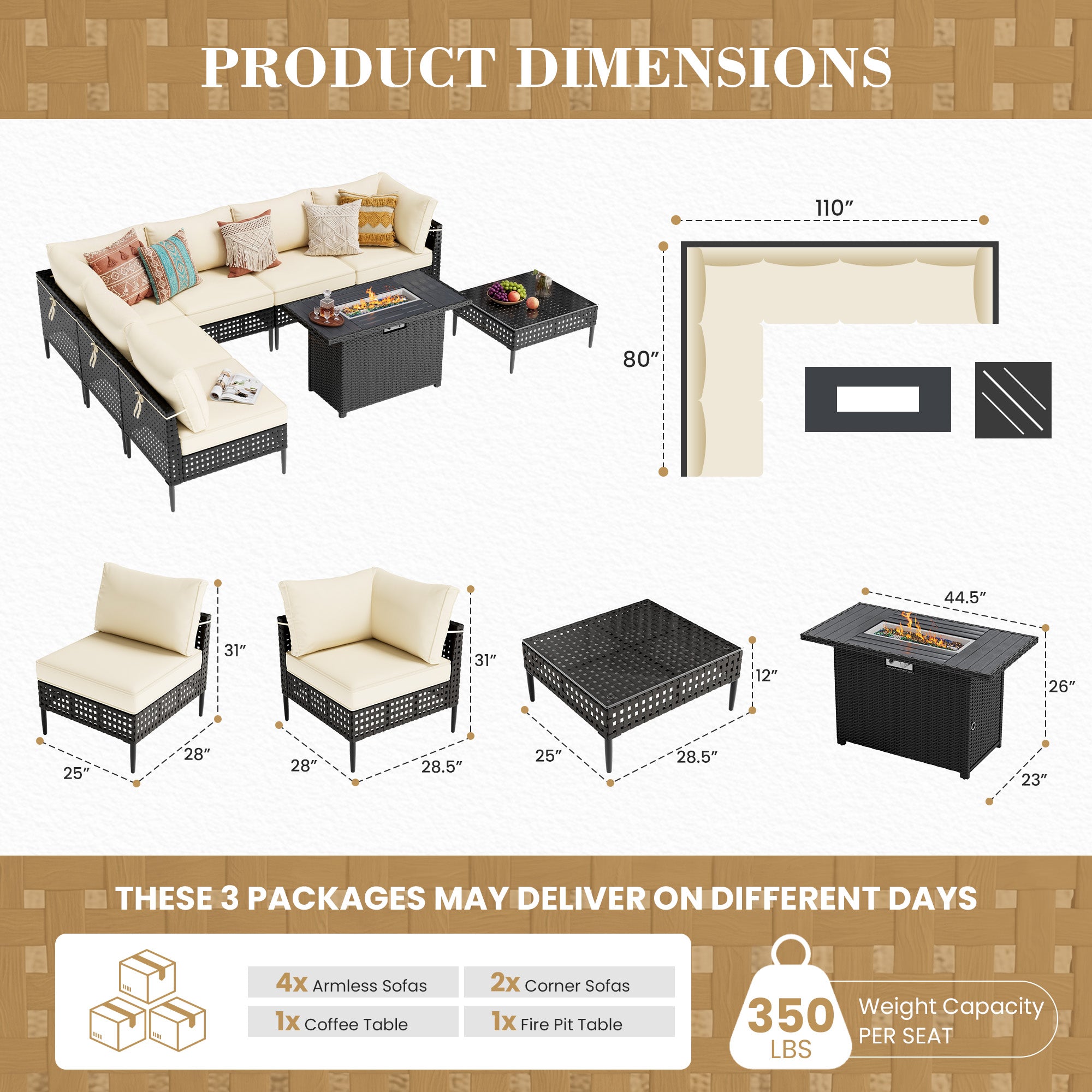 UDPATIO Wicker Patio Furniture Set with Sectional Sofas, All-Weather Cushions and Fire Pit Table, Bohemian Style and High-Leg Design for Garden, Deck, Poolside (Black/8 Piece)