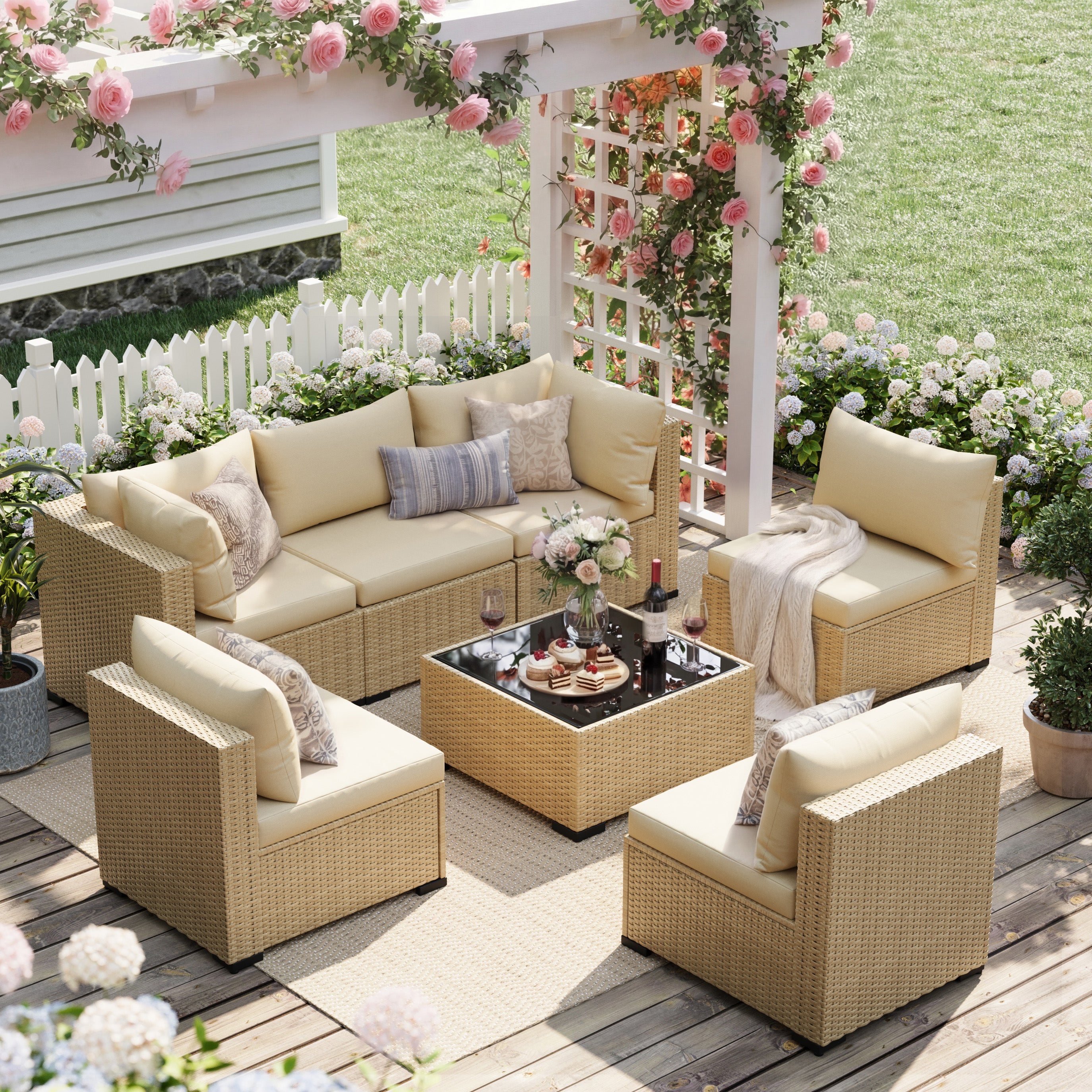 UDPATIO 7-Piece Wicker Modular Sectional Outdoor Conversation Sets with Glass Coffee Table, Yellow&Beige
