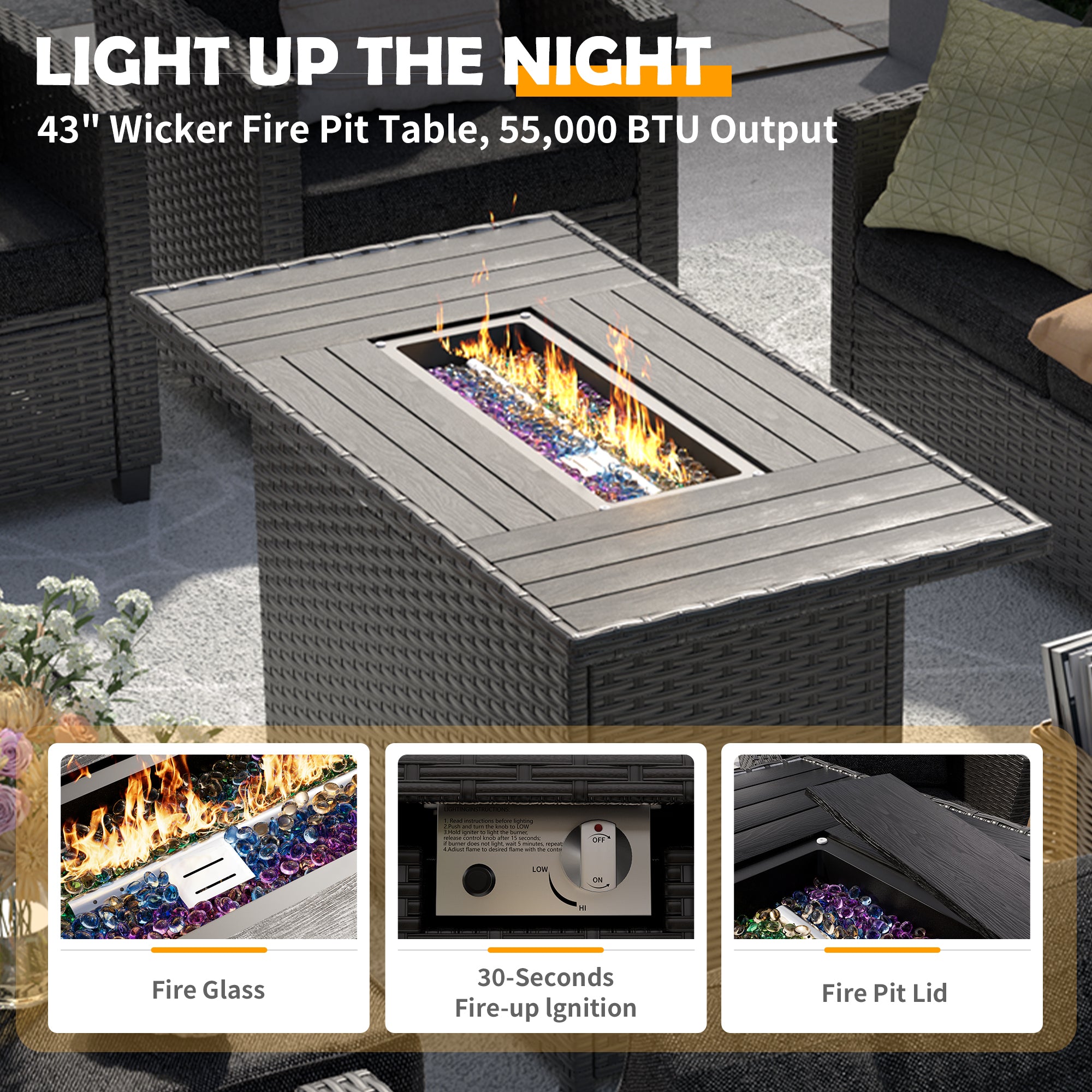 UDPATIO Patio Furniture Set with 44" Fire Pit Table, 8 Pieces Outdoor Sectional Conversation Sets, All-Weather Wicker Rattan Sofa Ottoman with 4" Thick Cushion for Garden Backyard Deck, Black