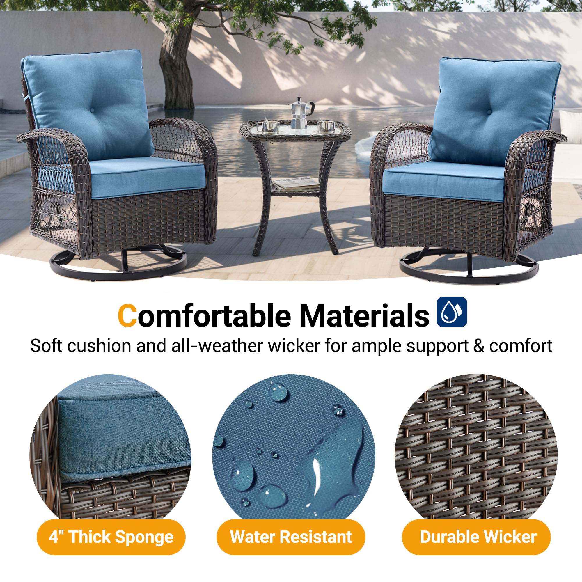 UDPATIO 3 Pieces Patio Furniture Set, Outdoor Swivel Rocker Patio Chairs Set of 2, All-Weather PE Wicker Glider Chairs with Thick Cushions and Glass Coffee Table,for Porch Deck Backyard
