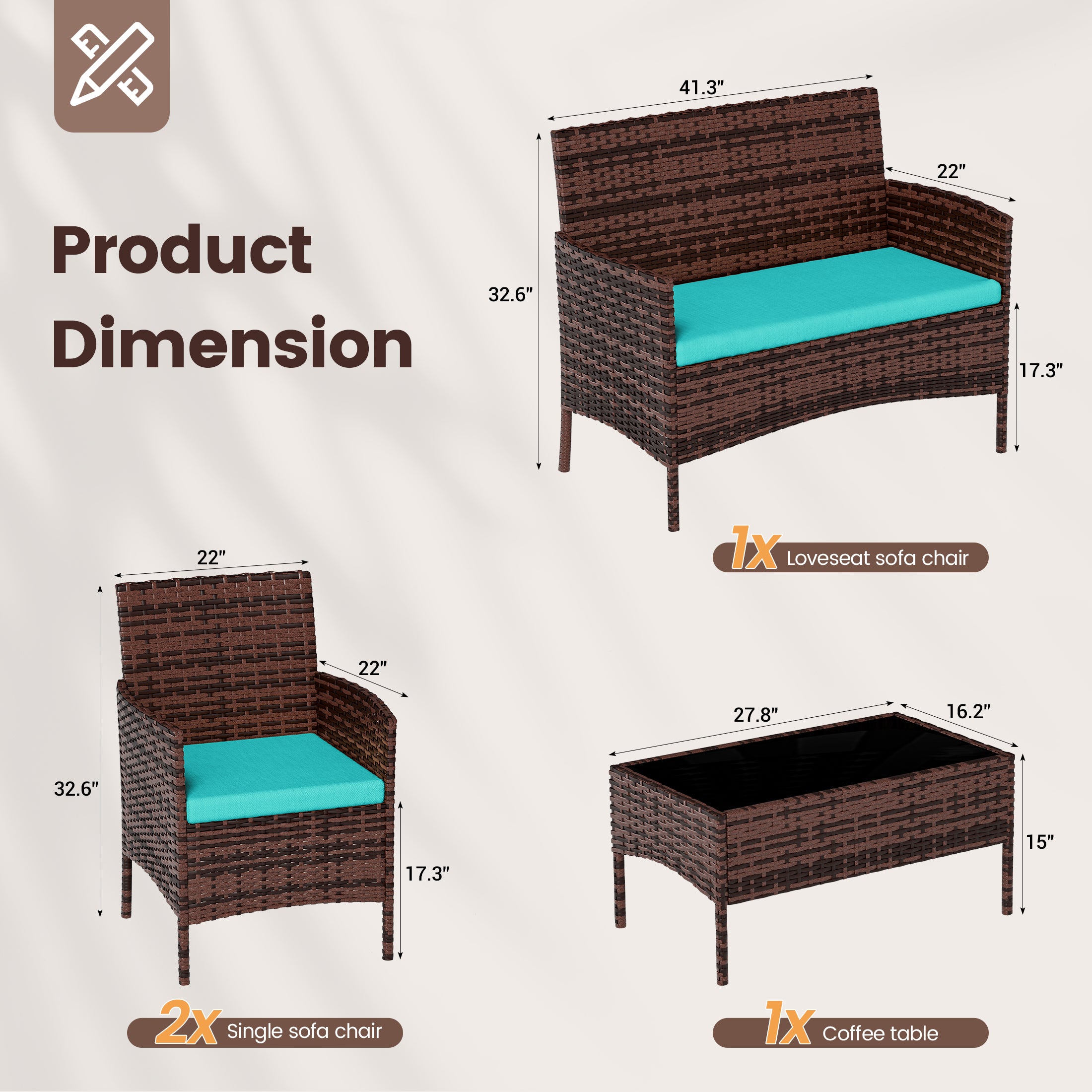 UDPATIO 4 Pieces Outdoor Patio Furniture,Sectional Conversation Sets,Brown PE Rattan Patio Chairs with Table and Loveseat for Balcony, Porch, Backyard,(Turquoise Cushion)