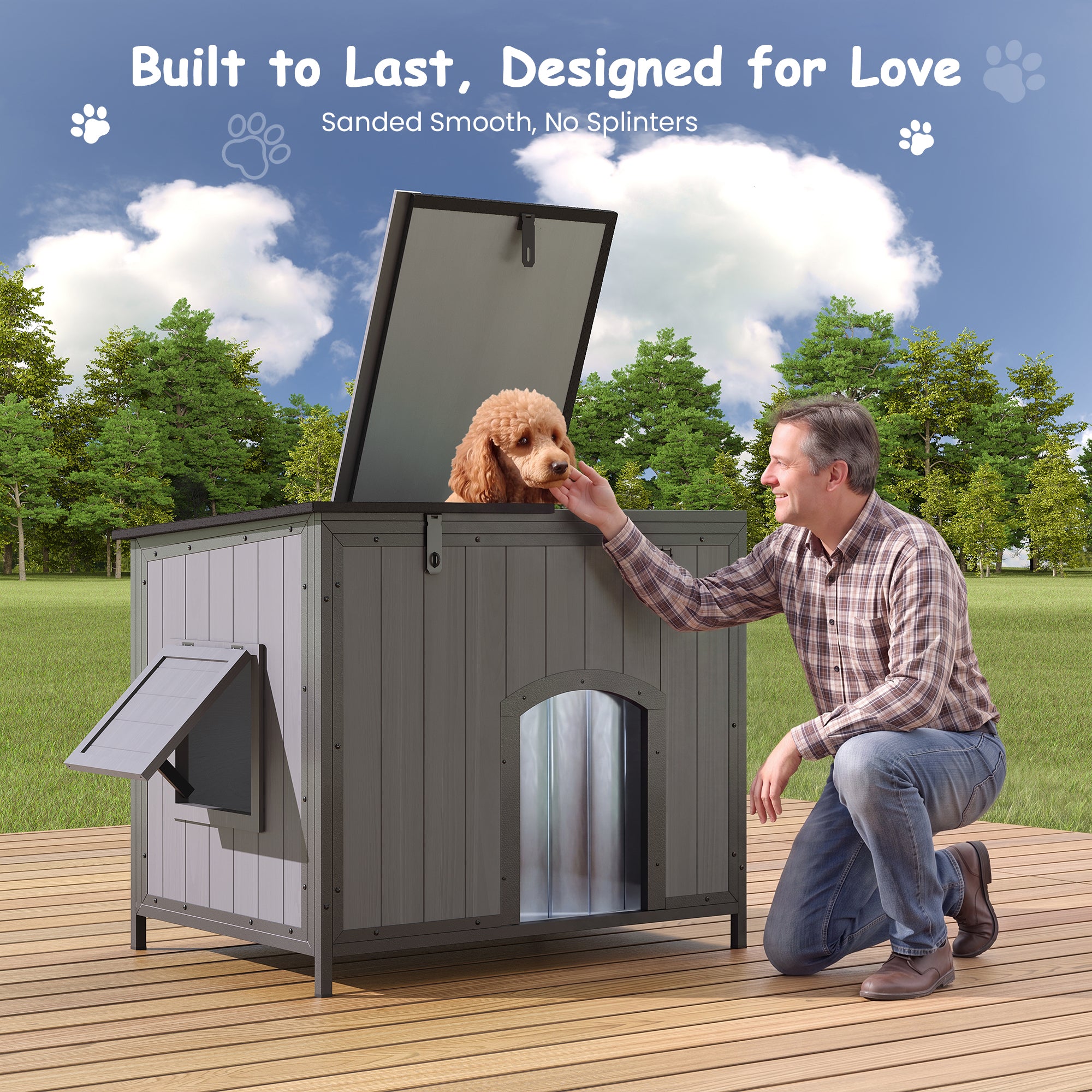 Outdoor Insulated Dog House Weatherproof Dog Kennel Dog Shelter Anti-Chewing Full Iron Frame, Openable Roof for Small to Large Dog Breeds
