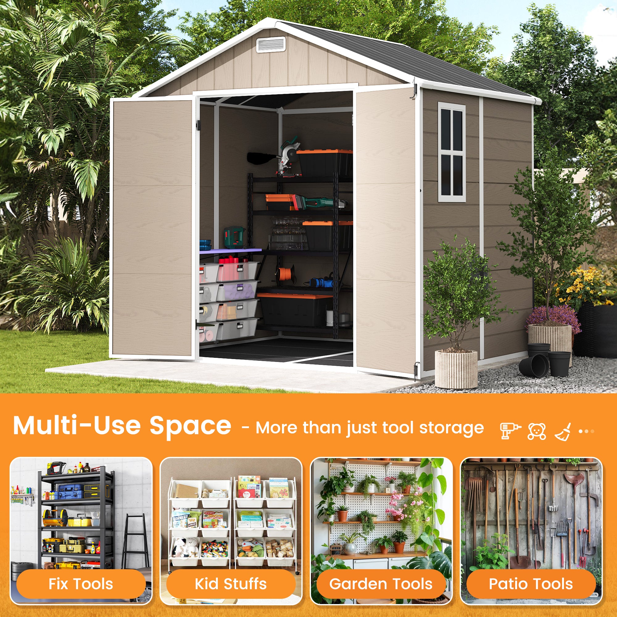 UDPATIO Resin Storage Shed 8 x 6 FT, Plastic Outdoor Storage Shed with Floor Outdside Storage Garden Patio Sheds with Lockable Door for Bike, Garbage Can, Tool, Dark Grey