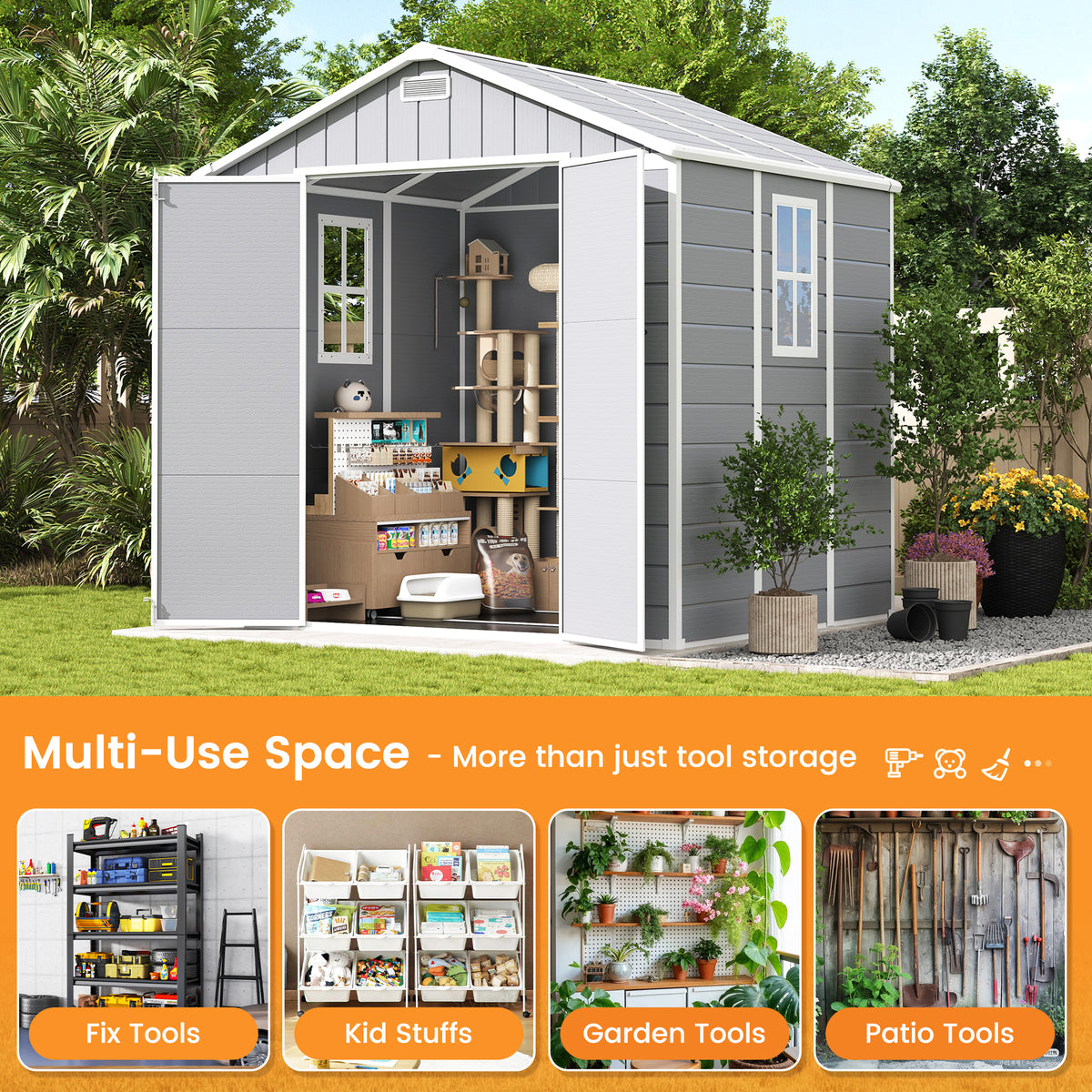 UDPATIO Resin Storage Shed 8x6 FT Plastic Outdoor Sheds with Floor, Gray