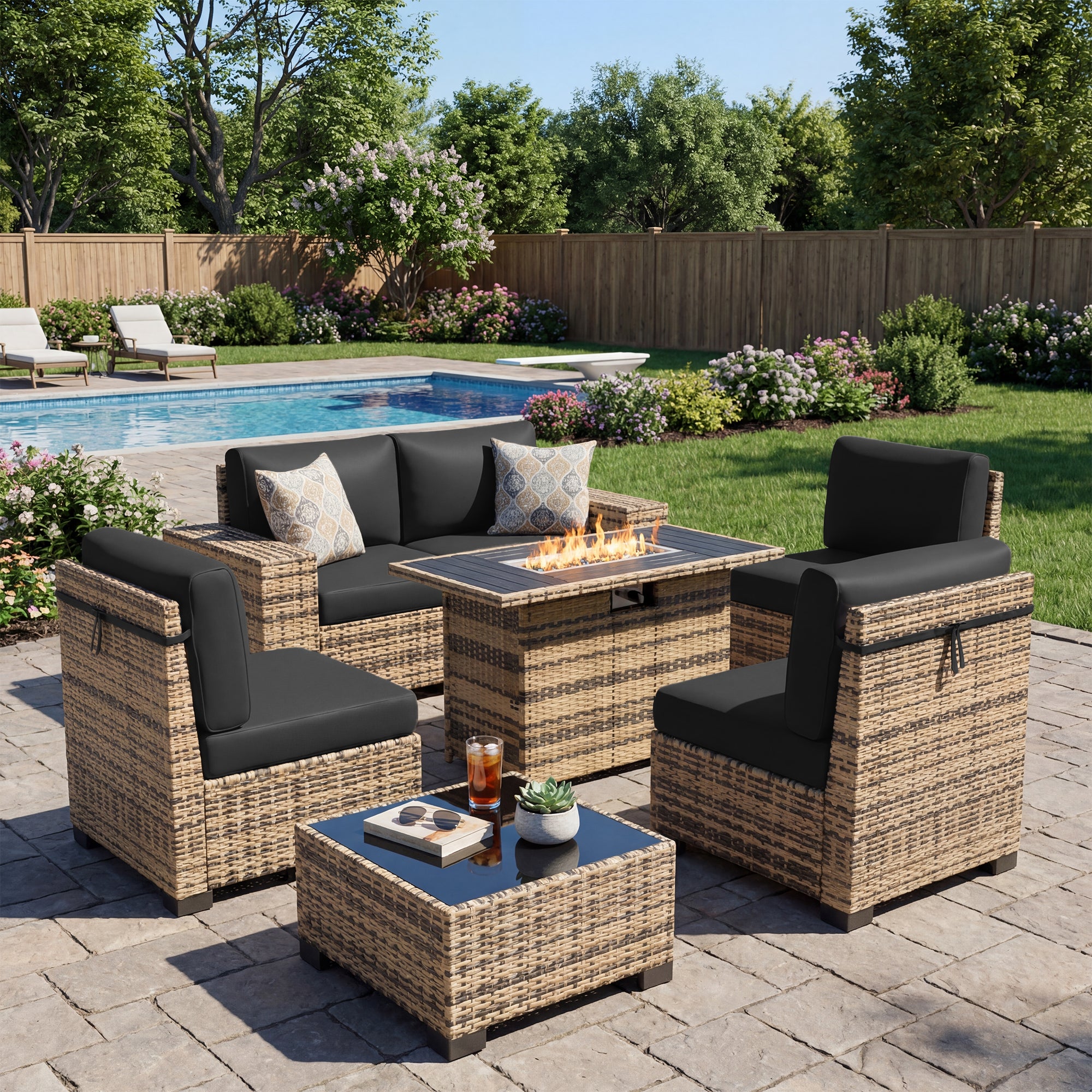 UDPATIO Patio Furniture Set with Fire Pit Table, 8 Inch Armrest Outdoor Sectional Sofas, 8 Piece All-Weather Wicker Conversation for Garden, Backyard