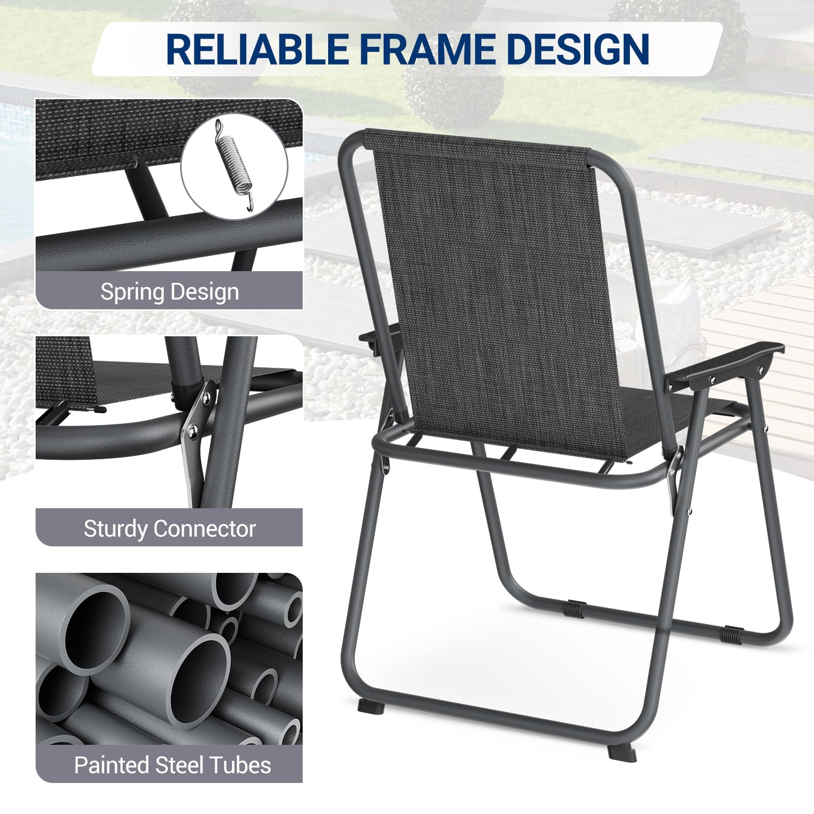 UDPATIO Patio Folding Chairs Set of 6, Lightweight Portable Patio Chair with Sturdy Steel Frame and Weather-Resistant Textilene Fabric, Black
