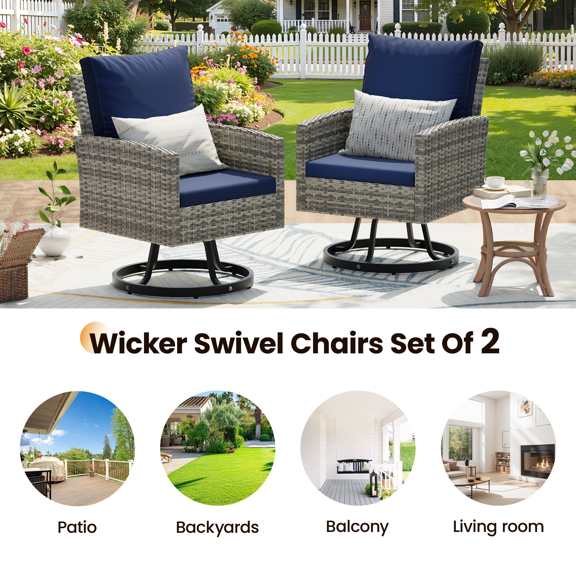 UDPATIO Wicker Patio Chairs Set of 2, Outdoor Swivel Chairs with Plush Cushions, Rattan Bistro Set Patio Furniture Set for Porch & Deck – All-Weather, Easy to Clean(Gray Rattan, Navy Blue)