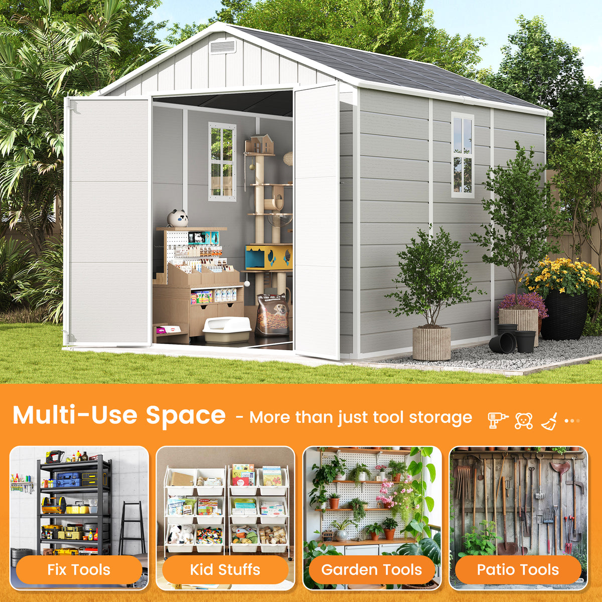 UDPATIO Resin Storage Shed 8 x 10 FT, Outdoor Garden Sheds with Floor Plastic Patio Outdoor Storage with Lockable Door for Bike, Garbage Sandstone