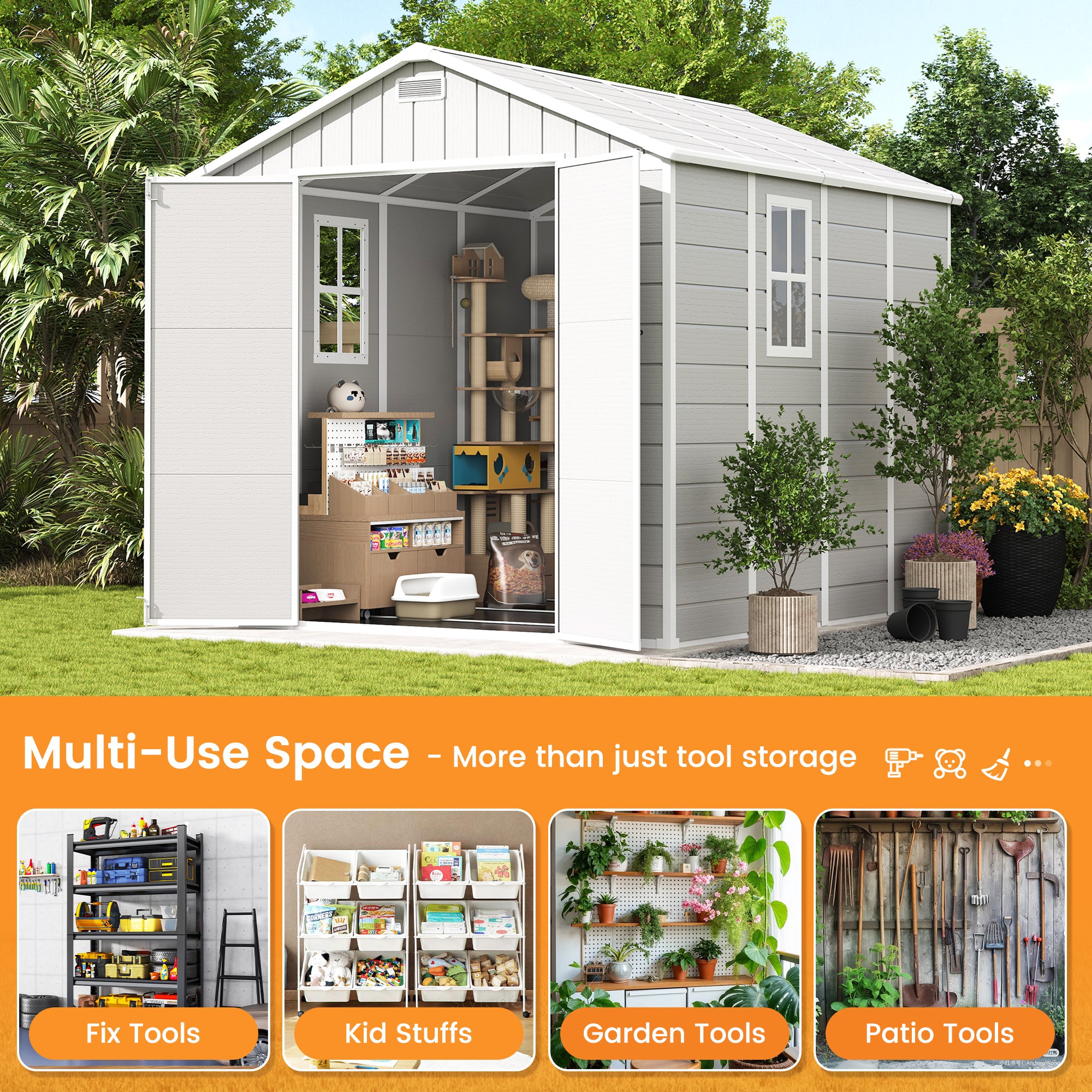UDPATIO Resin Storage Shed 8 x 8 FT, Outdoor Garden Sheds with Floor Plastic Patio Outdoor Storage Shed with Lockable Door, Sandstone