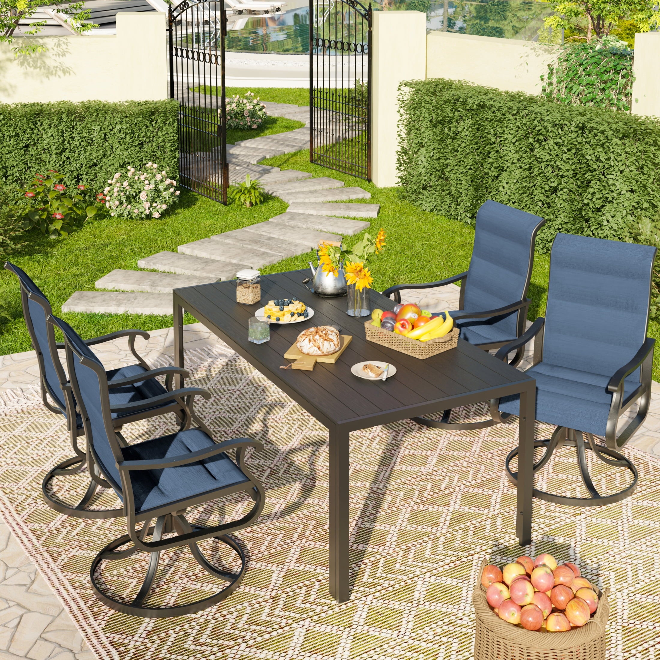 UDPATIO 5-Piece Outdoor Dining Set with High-Back Swivel Padded Chairs & Iron Rectangle Table for 4-Person, Black & Navy Blue
