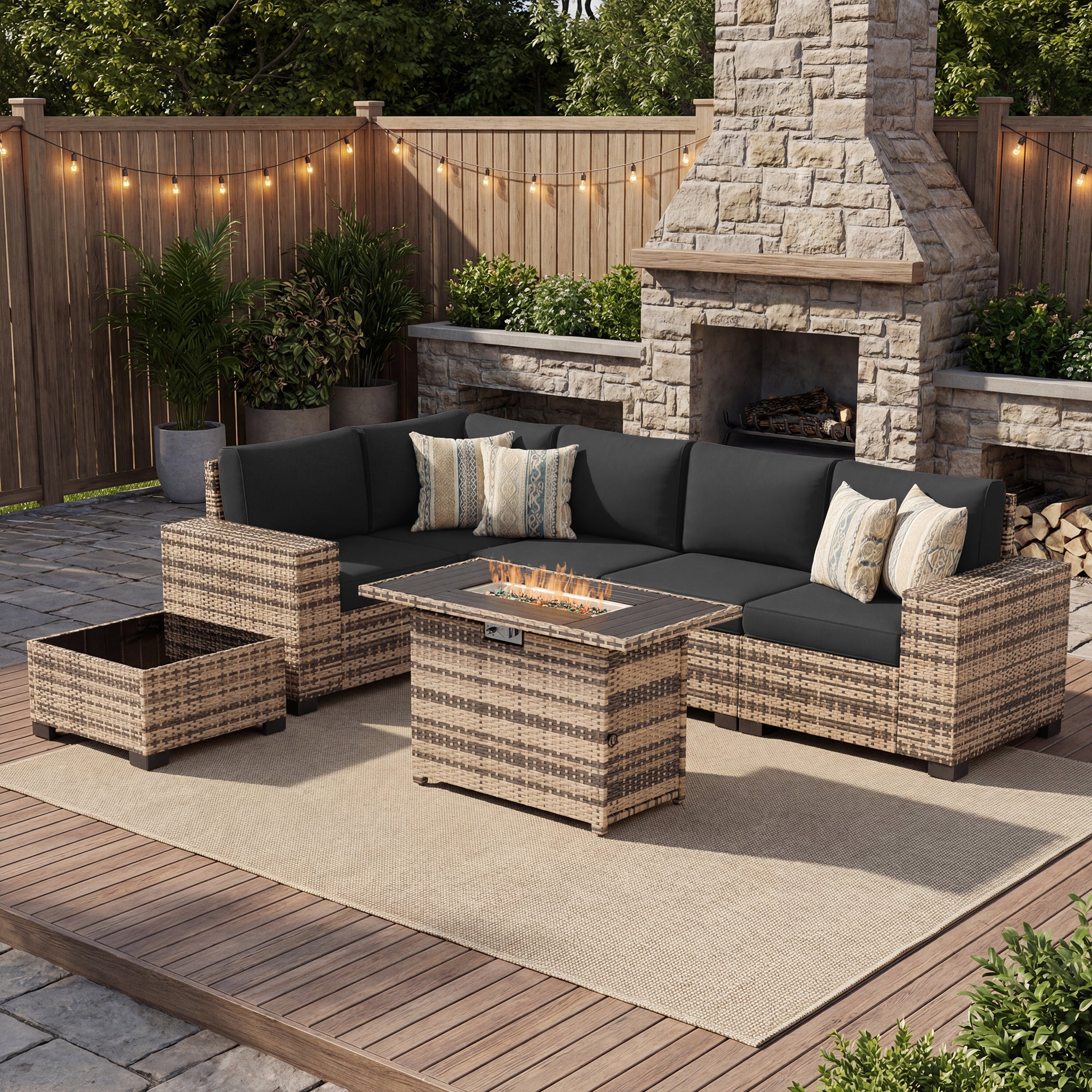 UDPATIO Patio Furniture Set with Fire Pit Table, 8 Inch Armrest Outdoor Sectional Sofas, 8 Piece All-Weather Wicker Conversation for Garden, Backyard