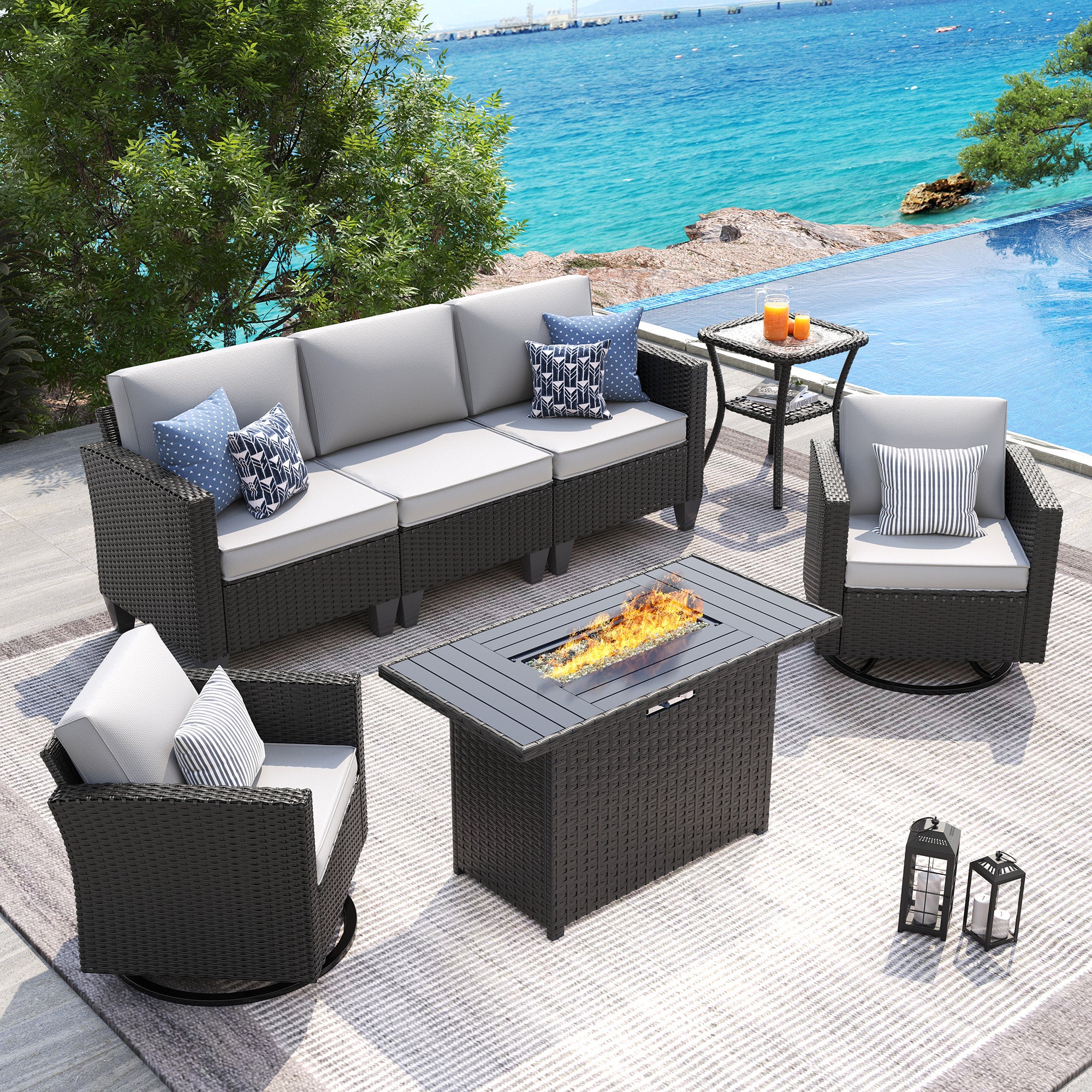 UDPATIO Patio Furniture Set with Fire Pit Table, Rocking Swivel Chairs, 5 Pieces Outdoor Furniture Sets, All-Weather Wicker Outdoor Sectional Sofa with Cover, 4'' Thickened Cushion, Light Grey