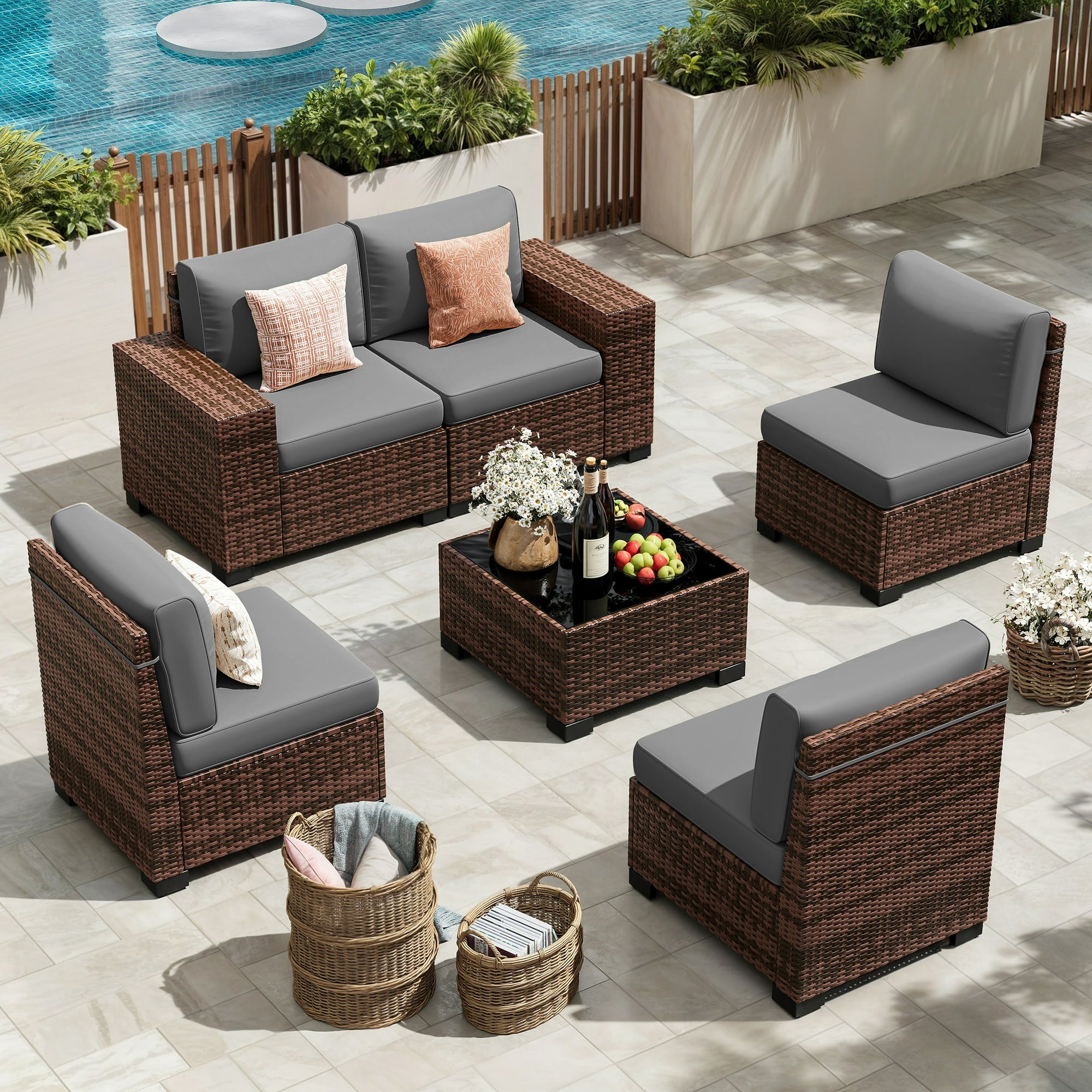 UDPATIO 6-Piece Patio Furniture Set, Outdoor Patio Sofa Set With Wide Armrest, All-Weather Wicker Rattan Guest Set With Cushion And Glass Table And Waterproof Cover, Brown & Dark Grey