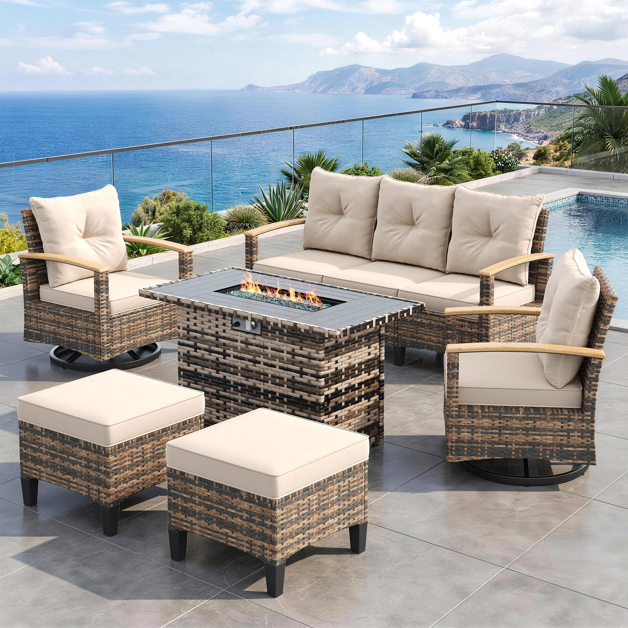 UDPATIO Patio Furniture Set with Fire Pit Table, 360° Swivel Chairs, 6 Pieces Outdoor Wicker Conversation Set for Lawn, Porch, Garden, Backyard, Khaki