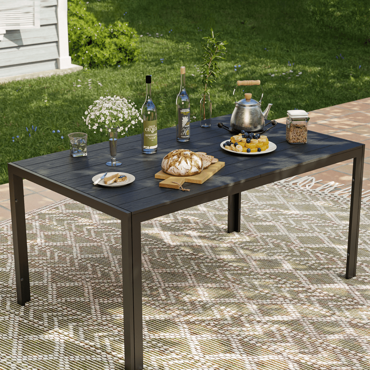 UDPATIO Rectangular Outdoor Dining Table, Outdoor Furniture Garden Table with Umbrella Hole, Brown