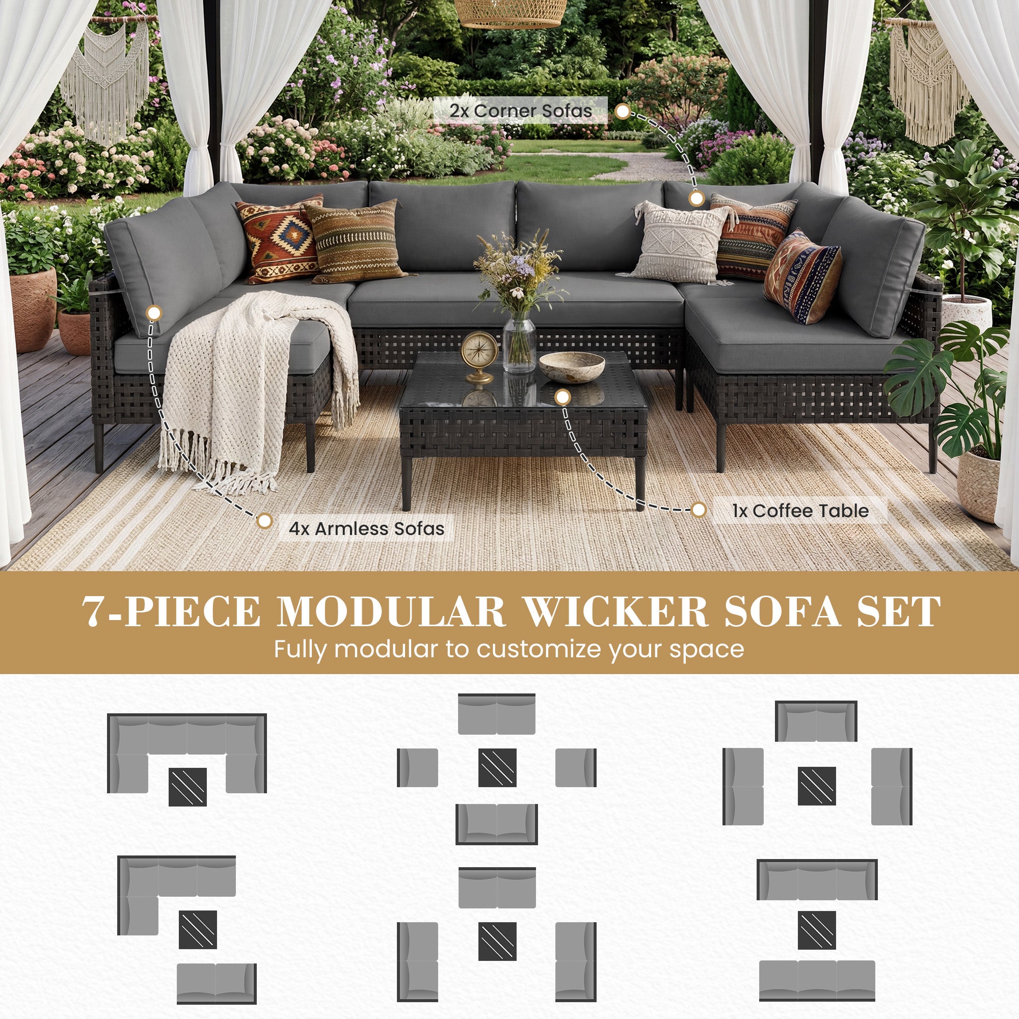 UDPATIO Wicker Patio Furniture Set with Sectional Sofas, All-Weather Cushions and Coffee Table, Bohemian Style and High-Leg Design for Garden, Deck, Poolside (Dark Gray/7 Piece)