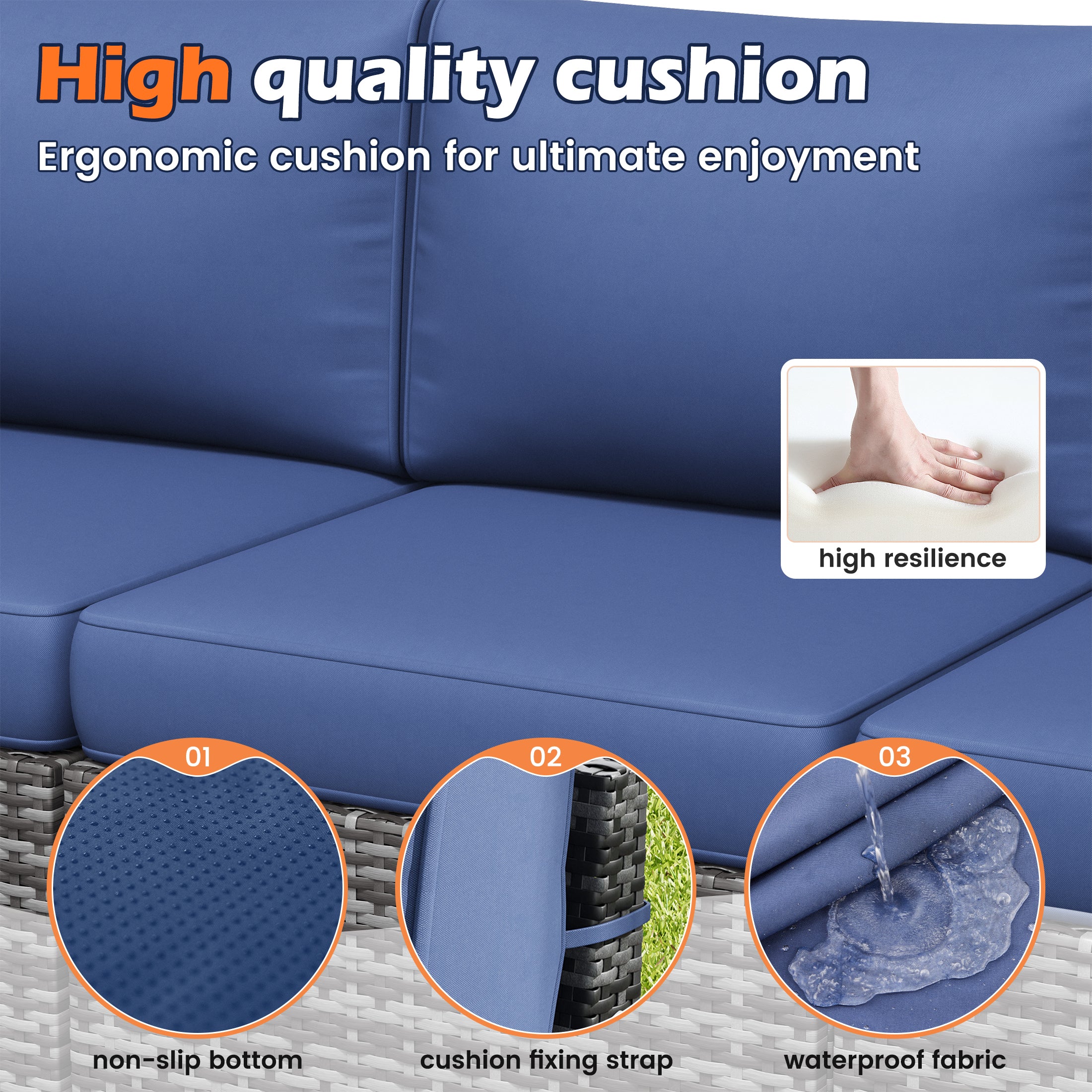 UDPATIO 6-Piece Patio Furniture Set, Outdoor Patio Sofa Set With Wide Armrest, All-Weather Wicker Rattan Guest Set With Cushion And Glass Table And Waterproof Cover, Grey & Navy Blue