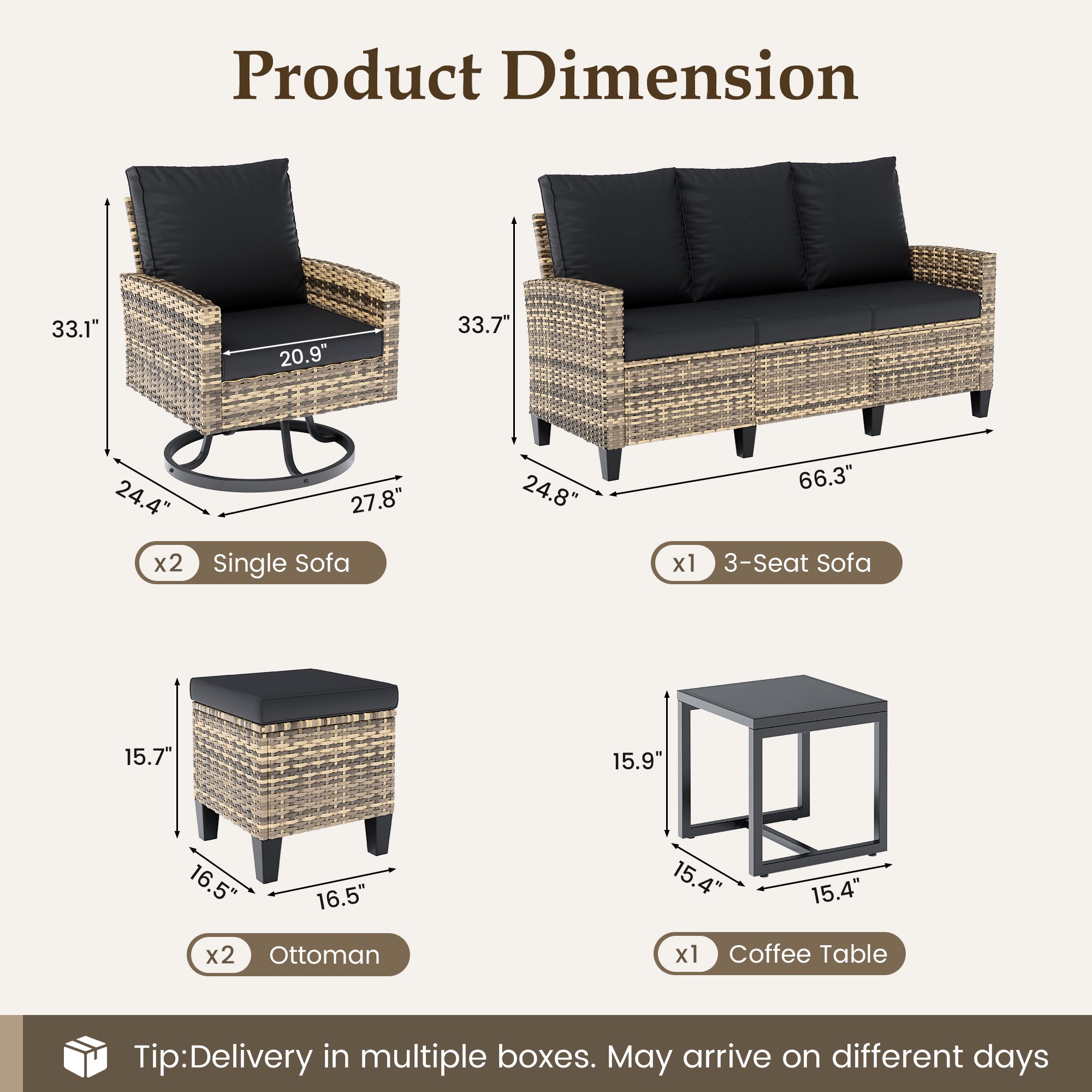 UDPATIO Patio Furniture Set, 6 Pieces Outdoor Conversation Sets with Swivel Chairs, All-Weather Wicker Rattan Patio Sofa with Ottomans and Glass Side Table for Backyard, Deck, Porch, Black/Yellow