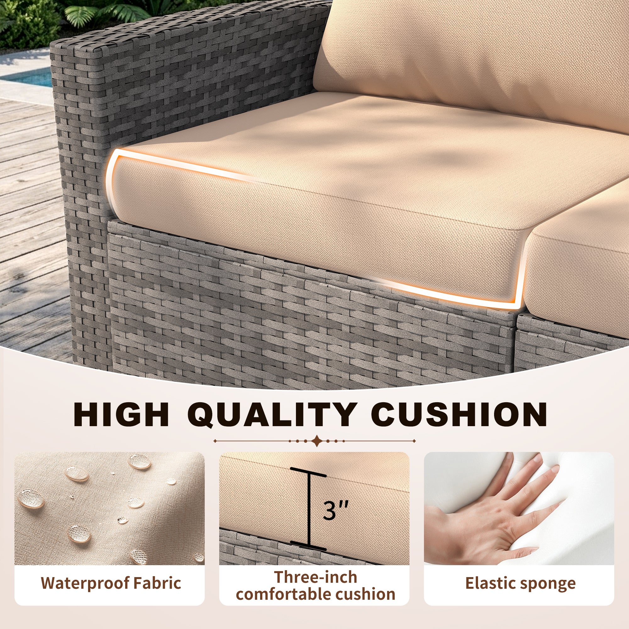 UDPATIO Wicker Patio Furniture Set,Gray PE Rattan Patio Sofa Set with coffee table,Multi-person Outdoor Sectional Conversation Sets for Balcony, Porch, Backyard, Beige