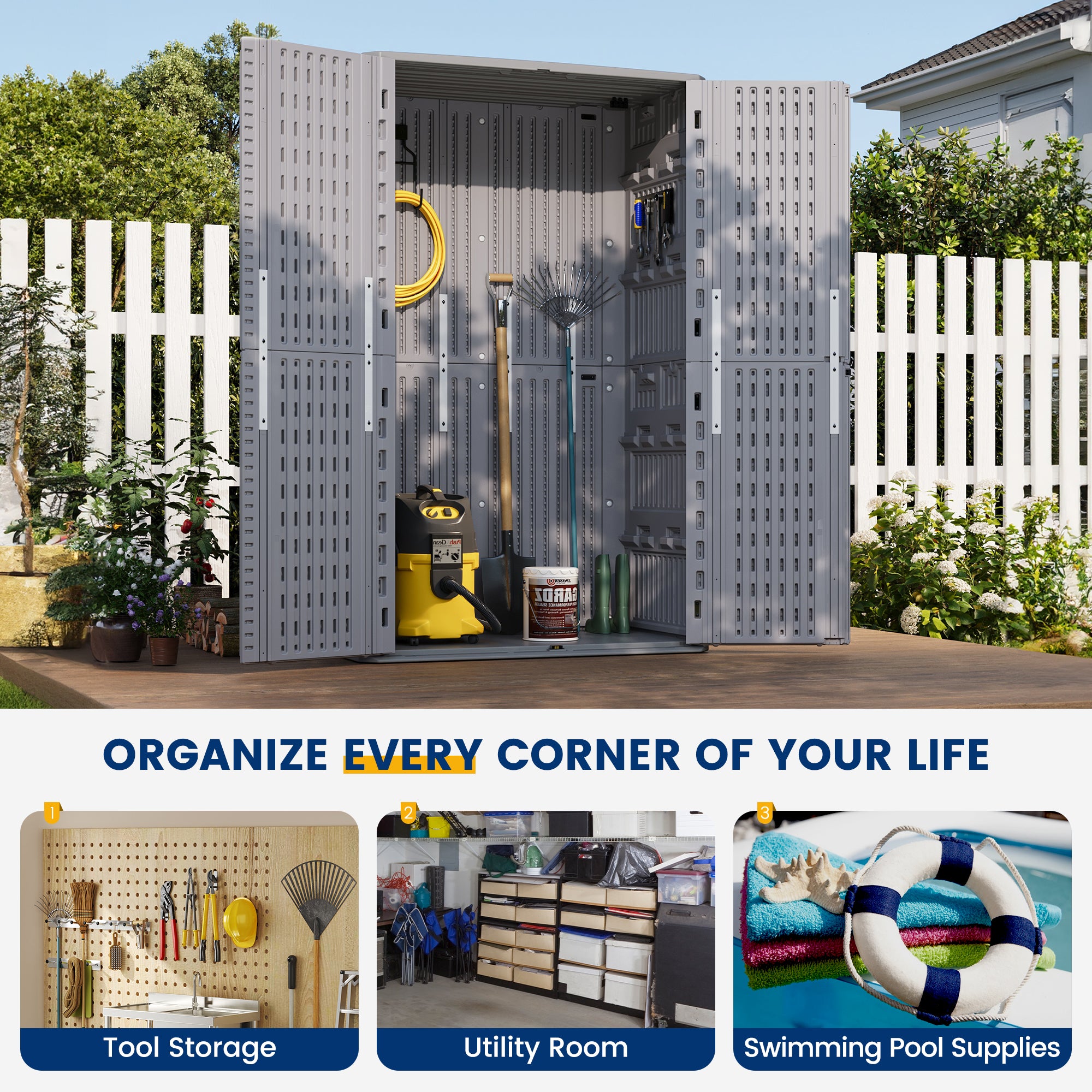 UDPATl0 67 Cu.Ft Outdoor Storage Shed, Vertical Plastic Cabinet Waterproof Sheds with Floor Included for Pool, Backyards, Garden Shed
