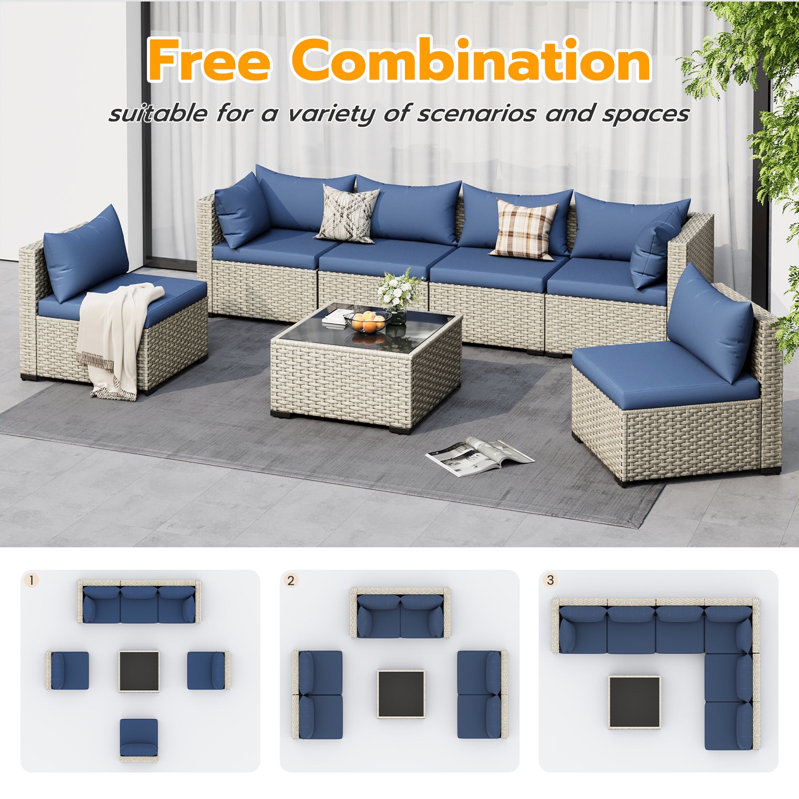 UDPATIO Outdoor Patio Furniture Set, 7-Piece PE Wicker Sectional Sofa with Tea Table, Outdoor Conversation Set for Patio, Garden, Backyard Blue