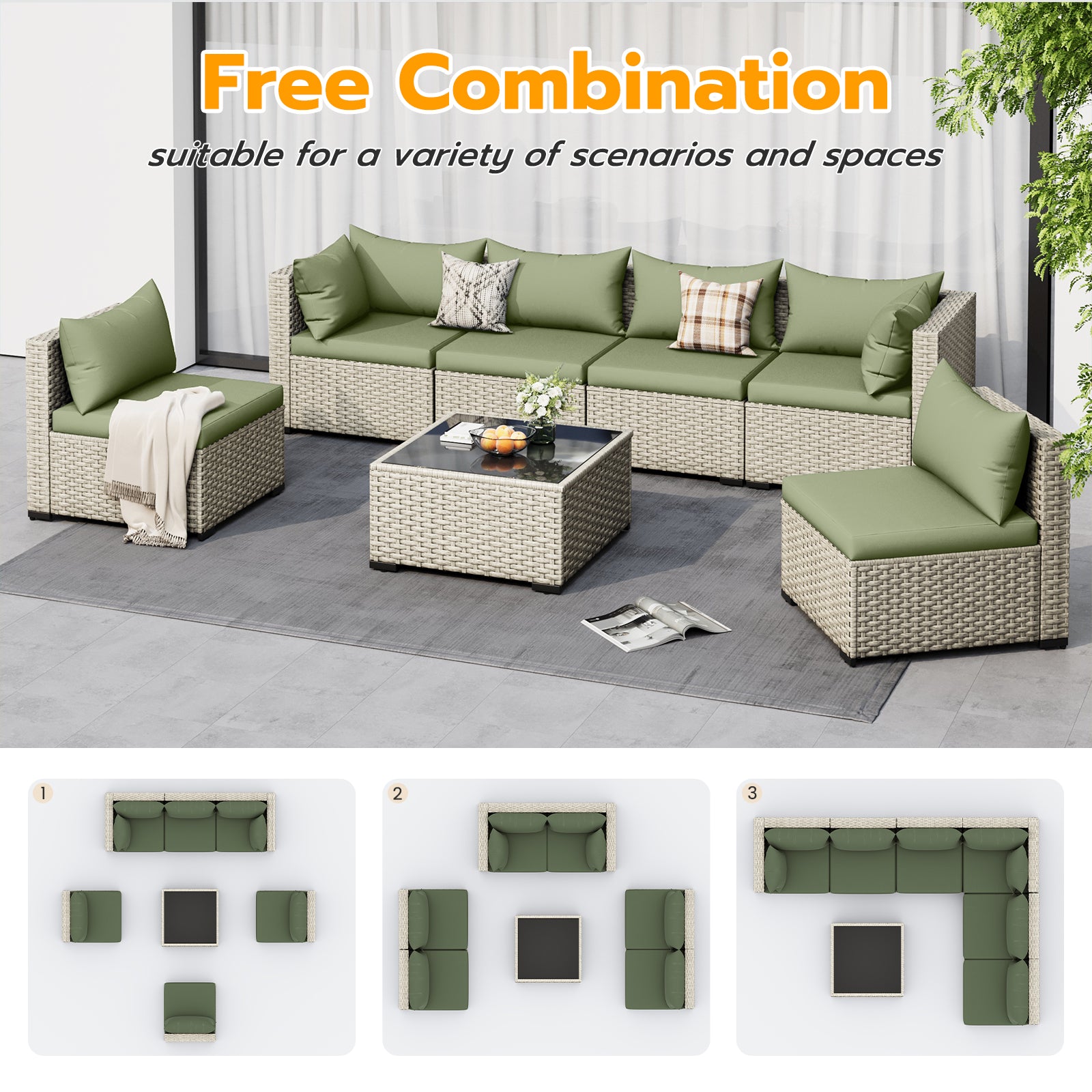 UDPATIO Outdoor Patio Furniture Set, 7-Piece PE Wicker Sectional Sofa with Tea Table, Outdoor Conversation Set for Patio, Garden