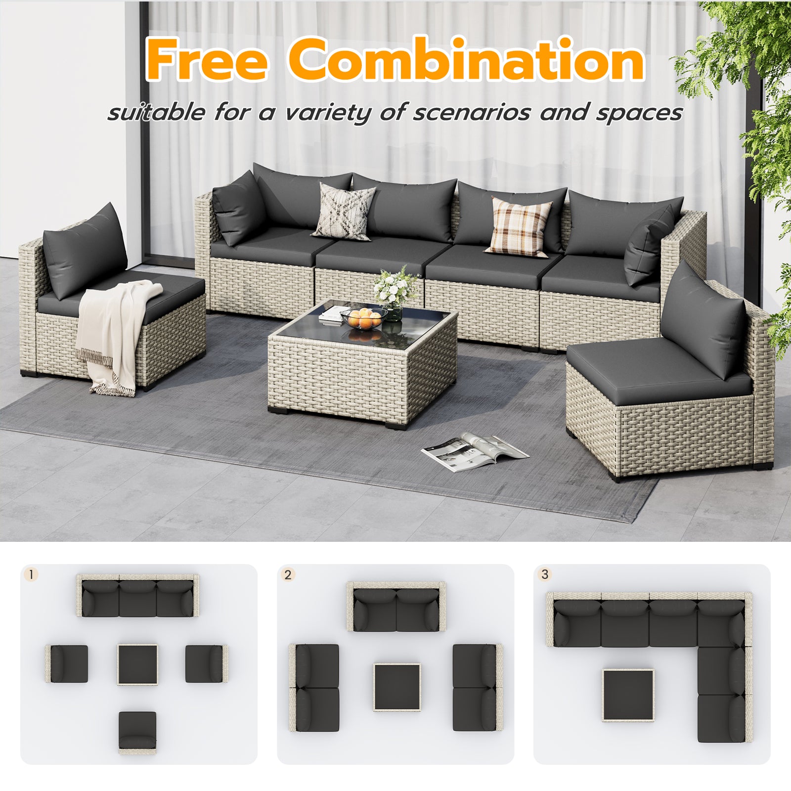 UDPATIO Outdoor Patio Furniture Set, 7-Piece PE Wicker Sectional Sofa with Tea Table, Outdoor Conversation Set for Patio, Garden