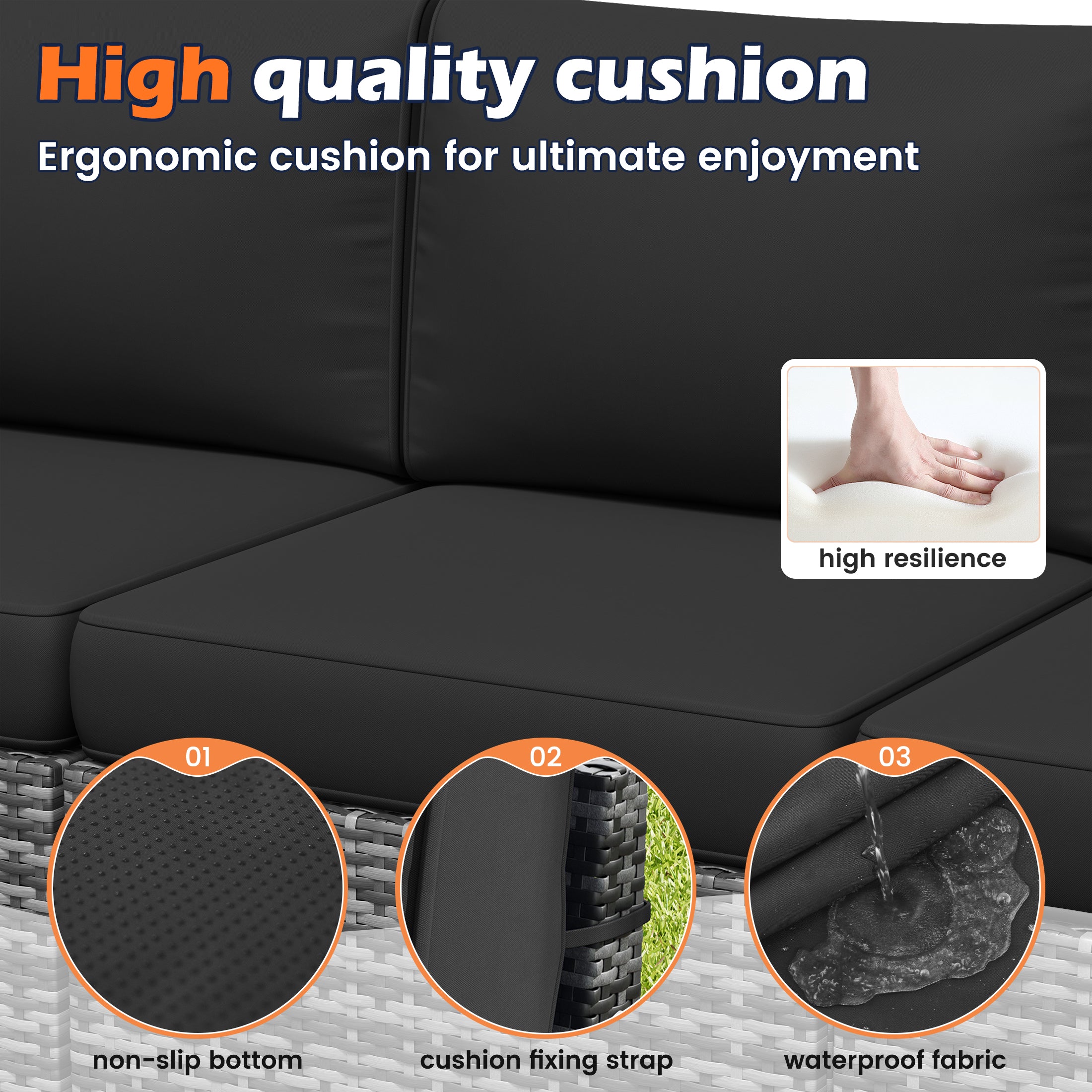 UDPATIO 6-Piece Patio Furniture Set, Outdoor Patio Sofa Set With Wide Armrest, All-Weather Wicker Rattan Guest Set With Cushion And Glass Table And Waterproof Cover, Grey & Black