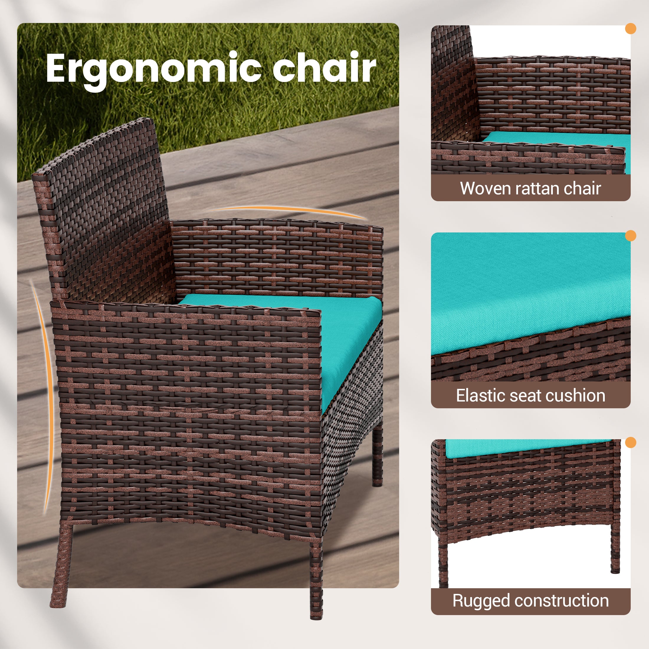 UDPATIO 4 Pieces Outdoor Patio Furniture,Sectional Conversation Sets,Brown PE Rattan Patio Chairs with Table and Loveseat for Balcony, Porch, Backyard,(Turquoise Cushion)