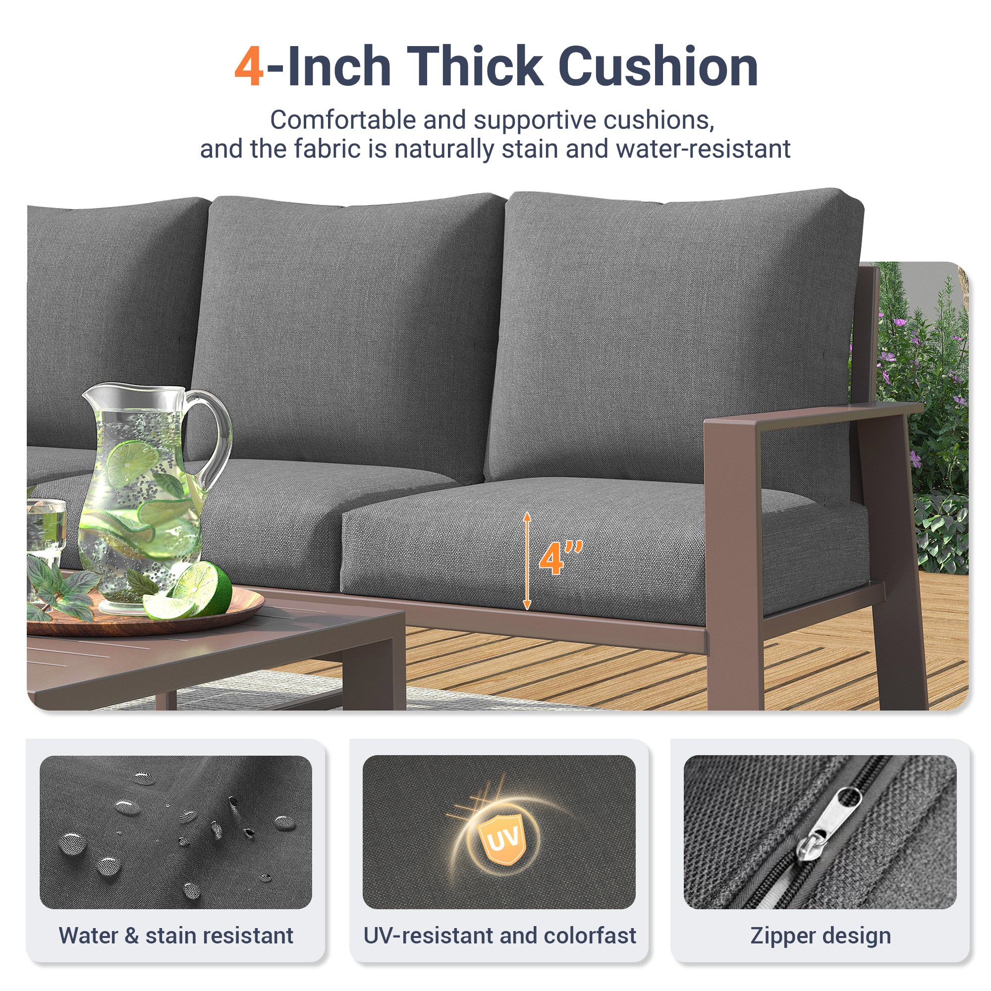 UDPATIO 5 Pieces Aluminum Patio Furniture Set, 7-Seat Metal Outdoor Furniture Set with 4" Water-Resistant Cushion & Coffee Table, Patio Conversation Sets for Porch, Deck, Garden