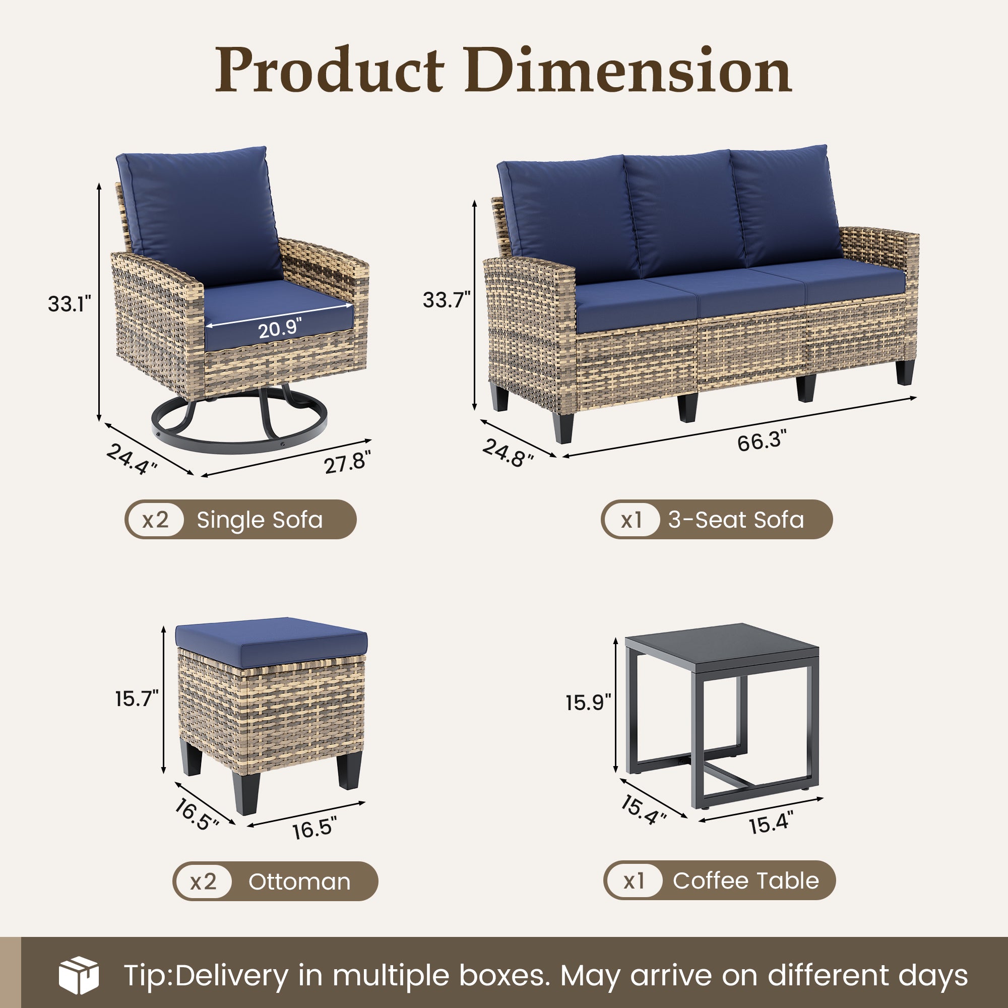 UDPATIO Patio Furniture Set, 6 Pieces Outdoor Conversation Sets with Swivel Chairs, All-Weather Wicker Rattan Patio Sofa with Ottomans and Glass Side Table for Backyard, Deck, Porch, Navy/Yellow