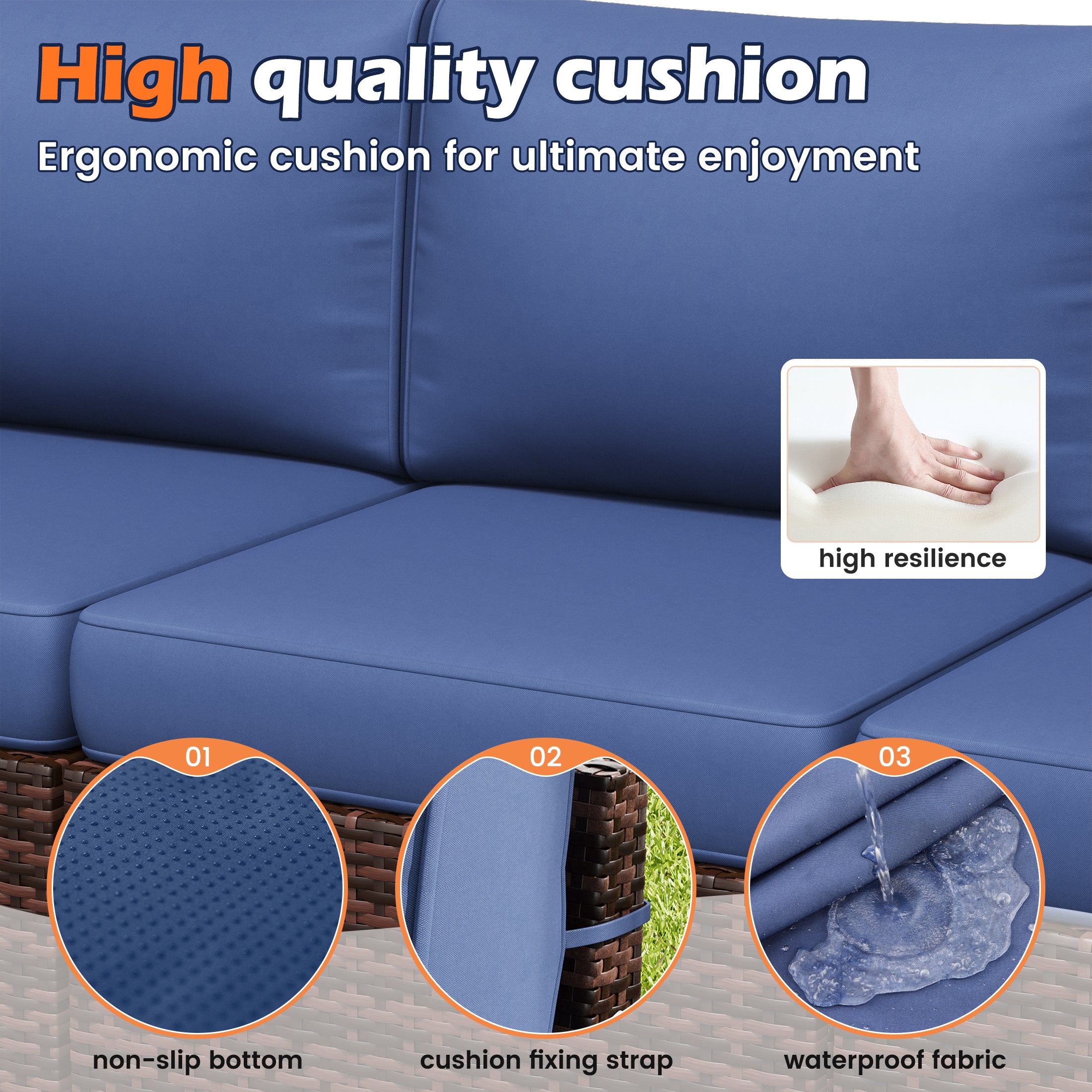 UDPATIO 6-Piece Patio Furniture Set, Outdoor Patio Sofa Set With Wide Armrest, All-Weather Wicker Rattan Guest Set With Cushion And Glass Table And Waterproof Cover, Brown & Navy Blue